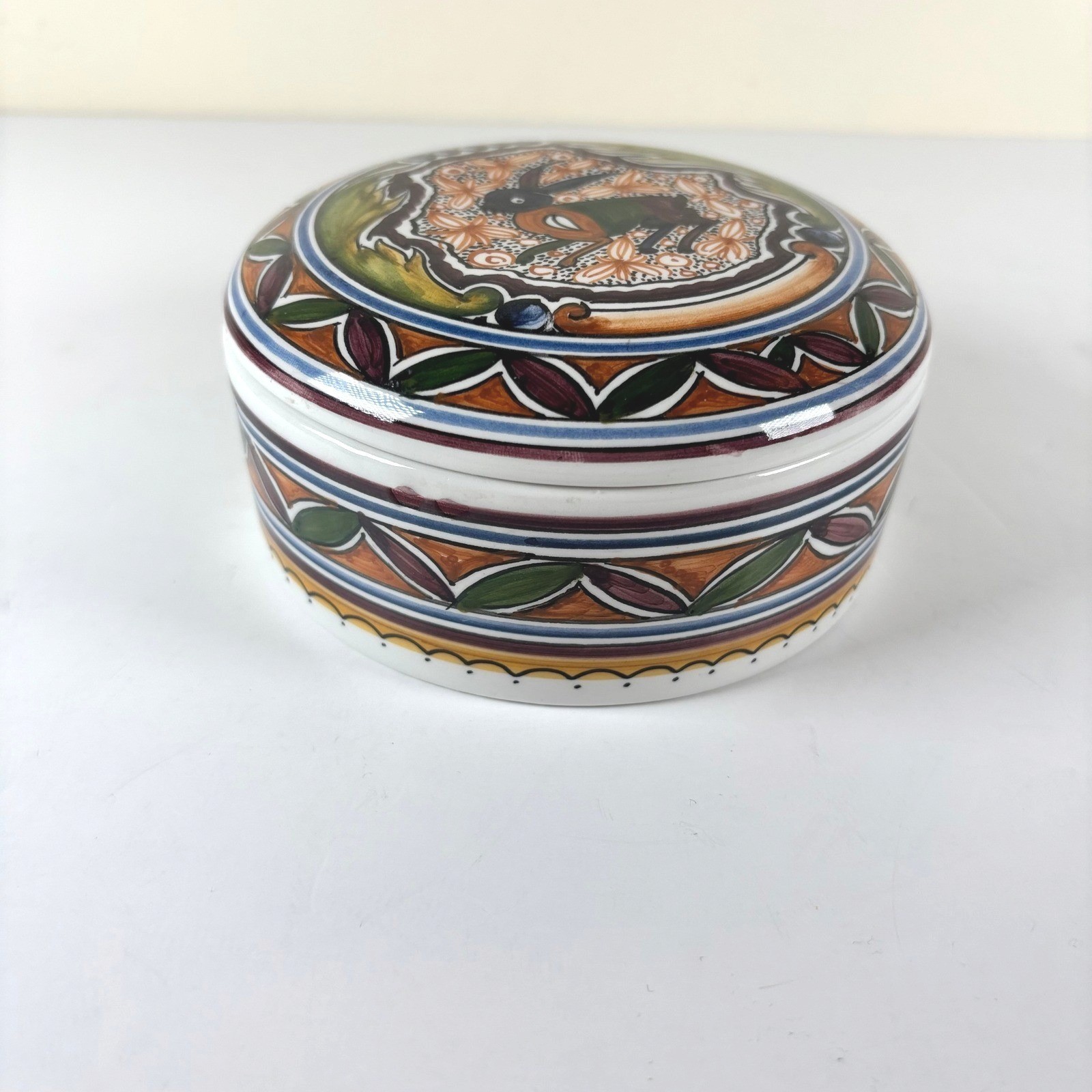 VTG Real Ceramica Hand Painted Lidded Trinket Box Rabbit Design Coimbra Portugal