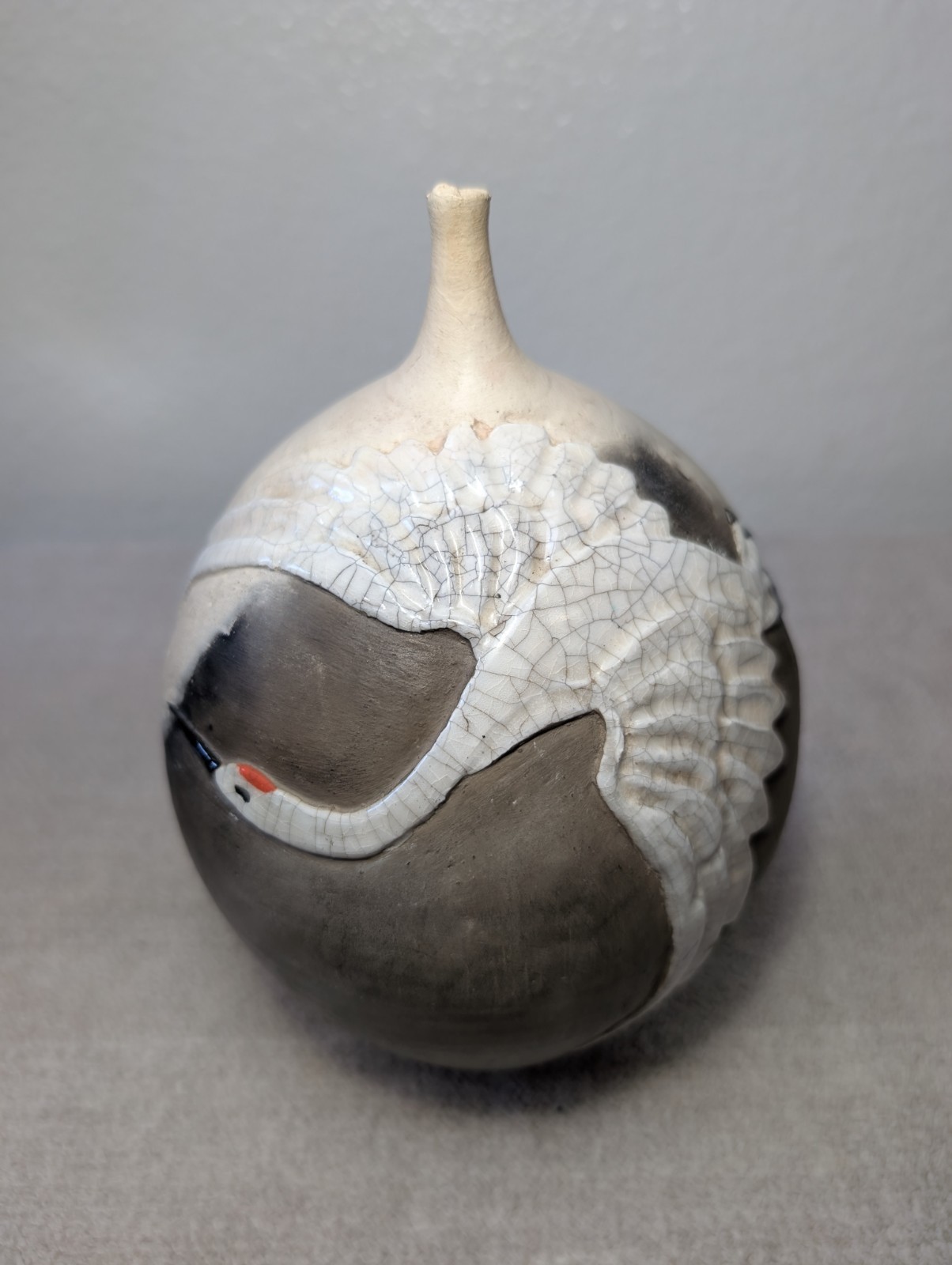Jinsong Kim Non-Functional Raku Pottery Vase Crane Bird Design