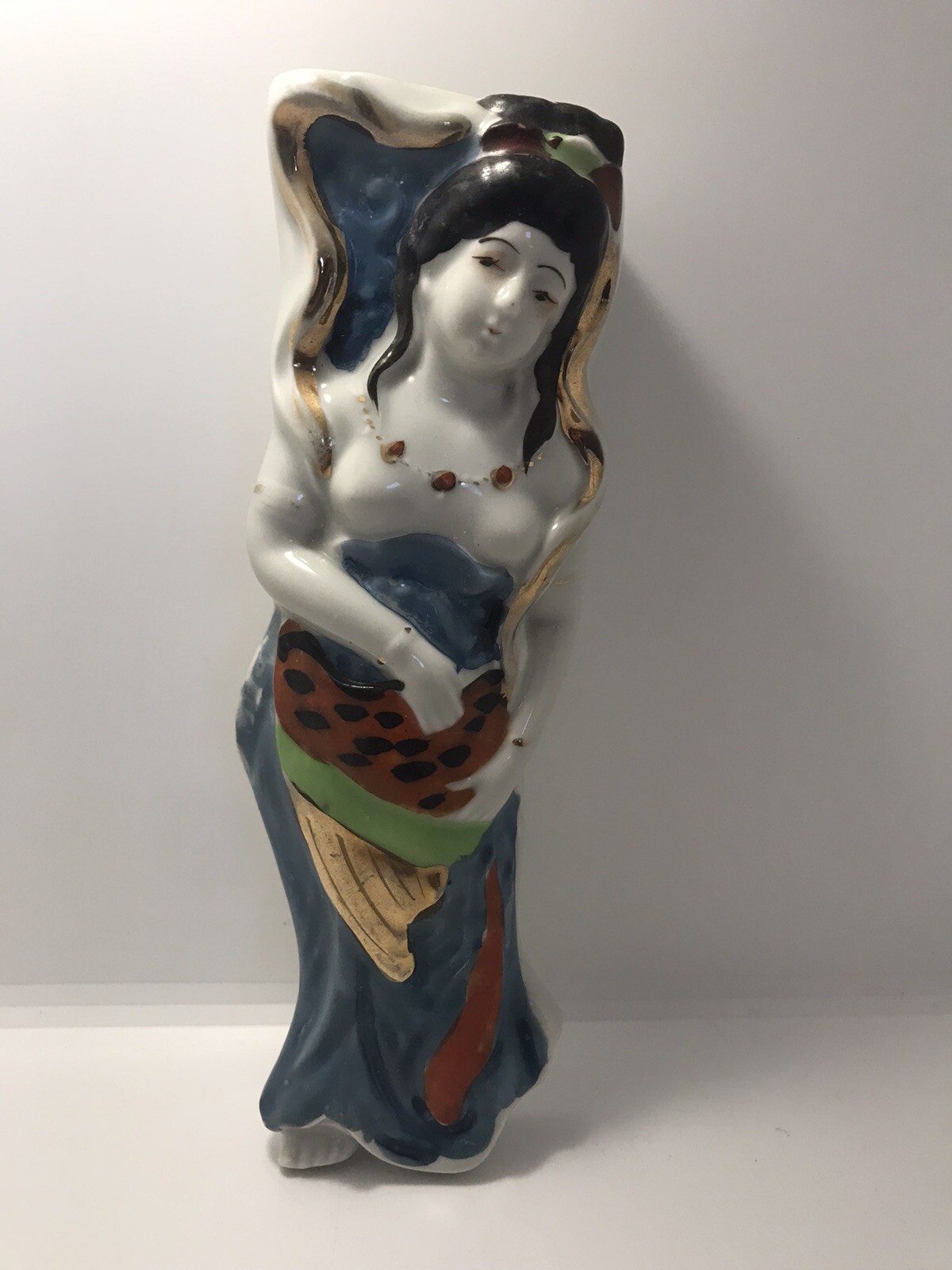 Vintage Geisha Goddess Wall Pocket Vase Gold Trim 25cm tall