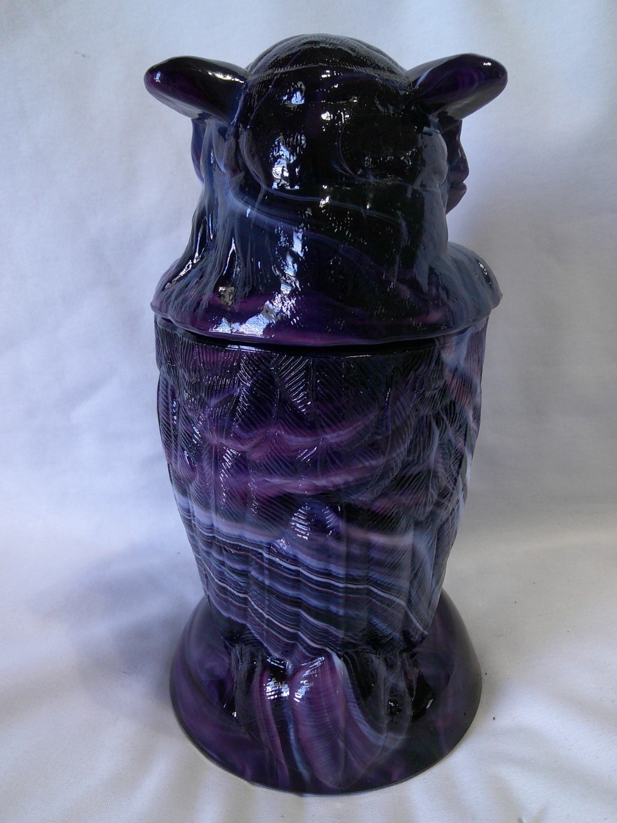 RARE Vintage Imperial Purple Slag Glass Owl Figure Covered Jar w Glass Eyes EVC