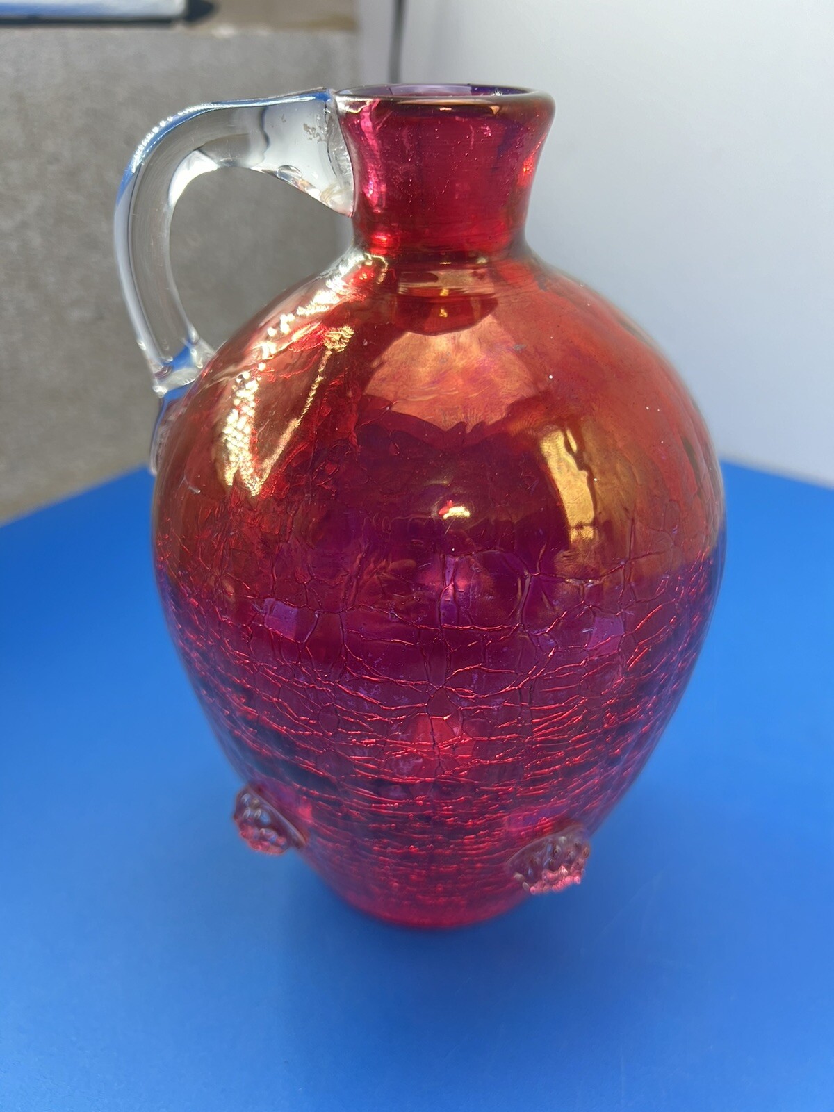 MCM Pilgrim Co. Ruby Red Hand Blown Crackle Glass Optic Jug Vase With Knobs