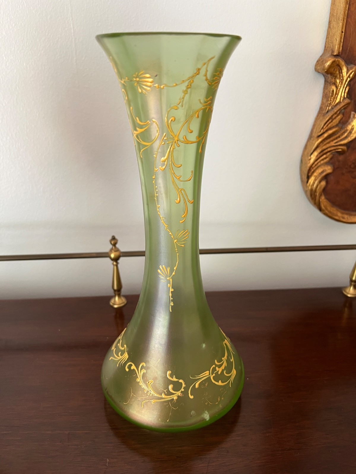 Loetz Olympia 10″ Vase Iridescent Green with Gilding