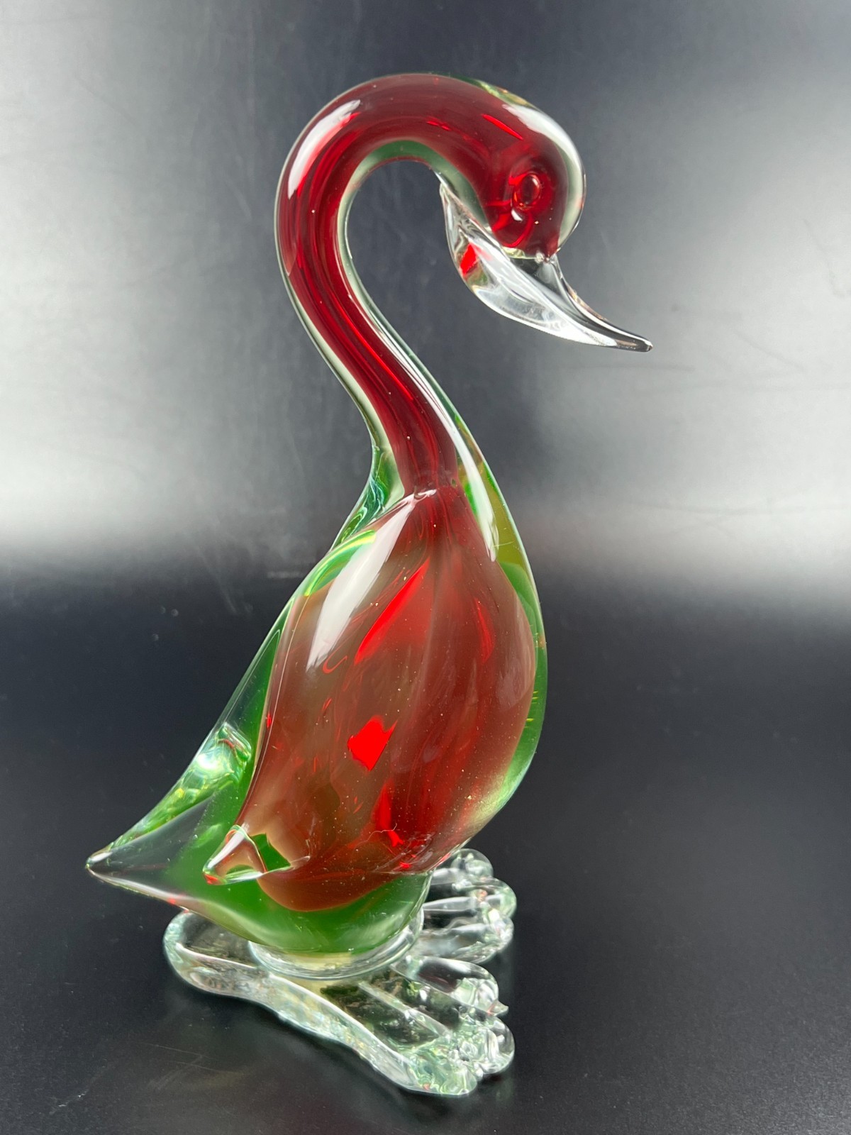 Vintage Murano red green uranium Sommerso glass duck swan goose UV glow 8.5″