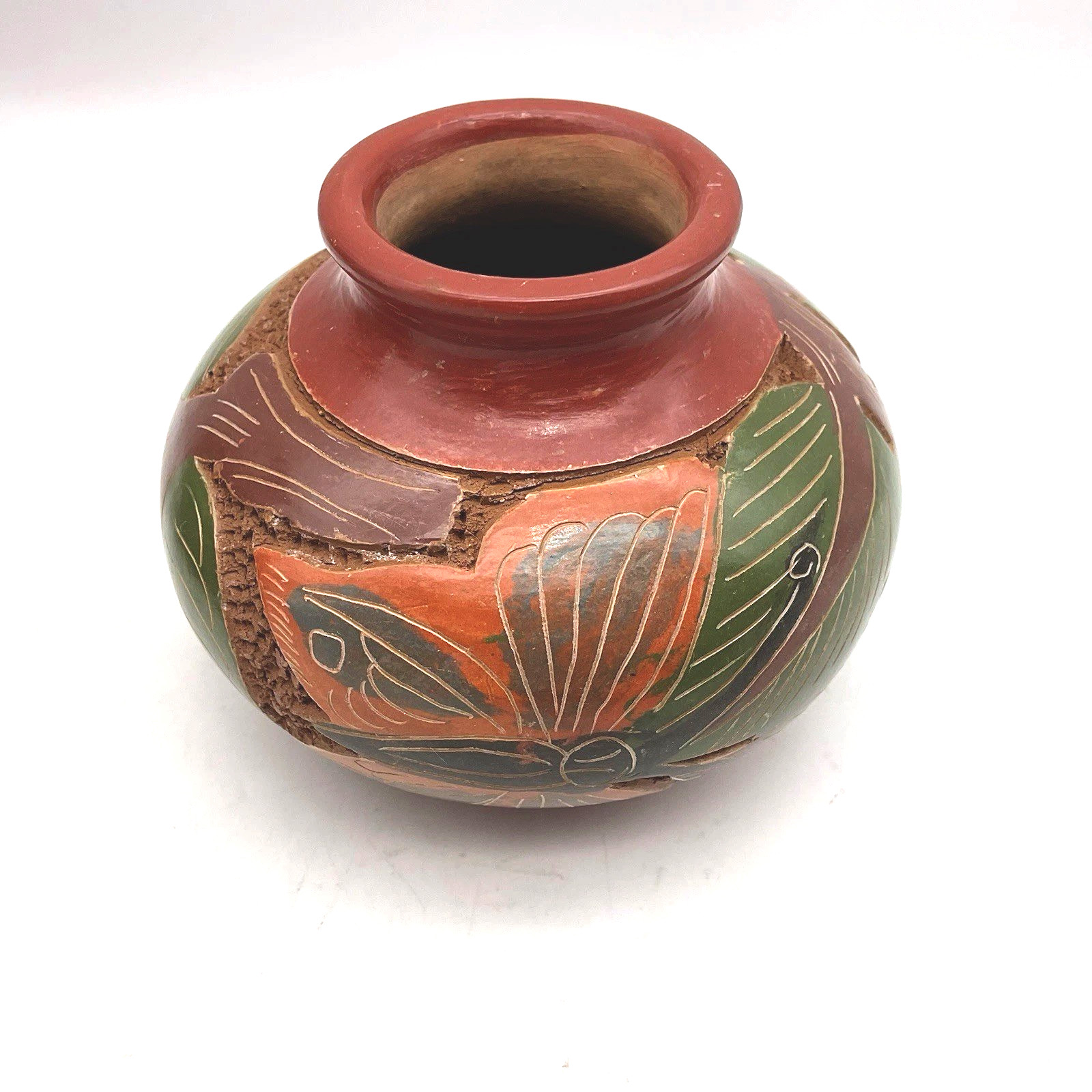 2 Nicaraguan Art Pottery Vases Fish Butterfly Design Brown Clay Hand Carved Pots