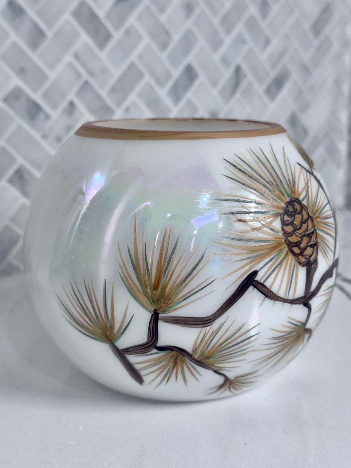 Vintage Lusterware Pinecone Vase Bowl Iridescent Japan Style Rustic Cabin Decor