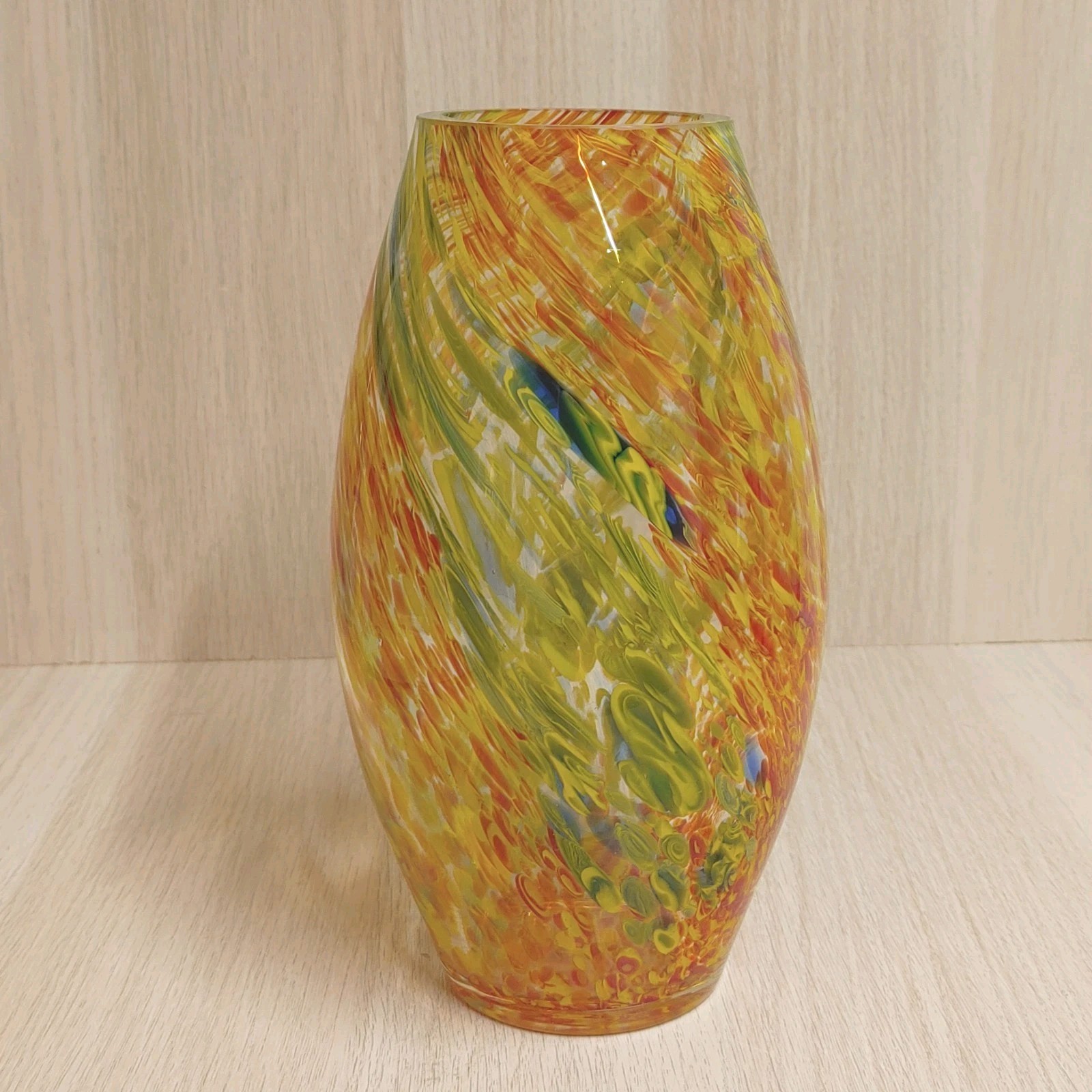 Art Glass Vase Red Yellow Green 8.5″