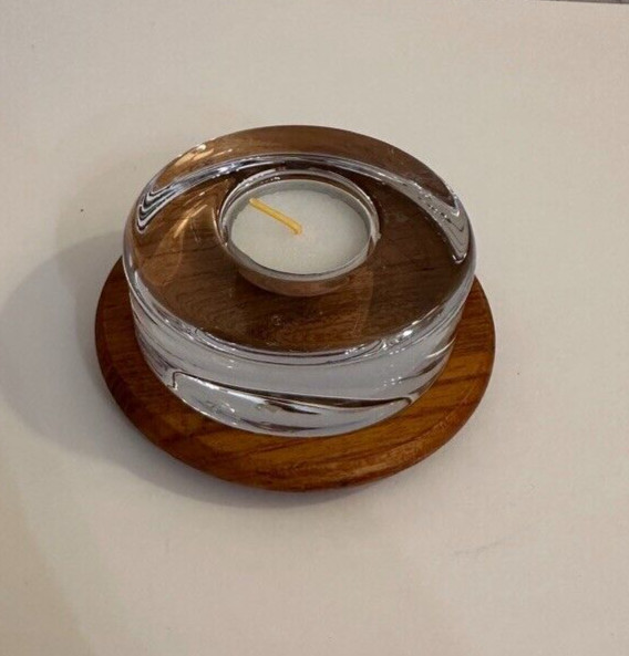 Dansk Orrefors PUCK Crystal Votive Candle Holder Teak Holder