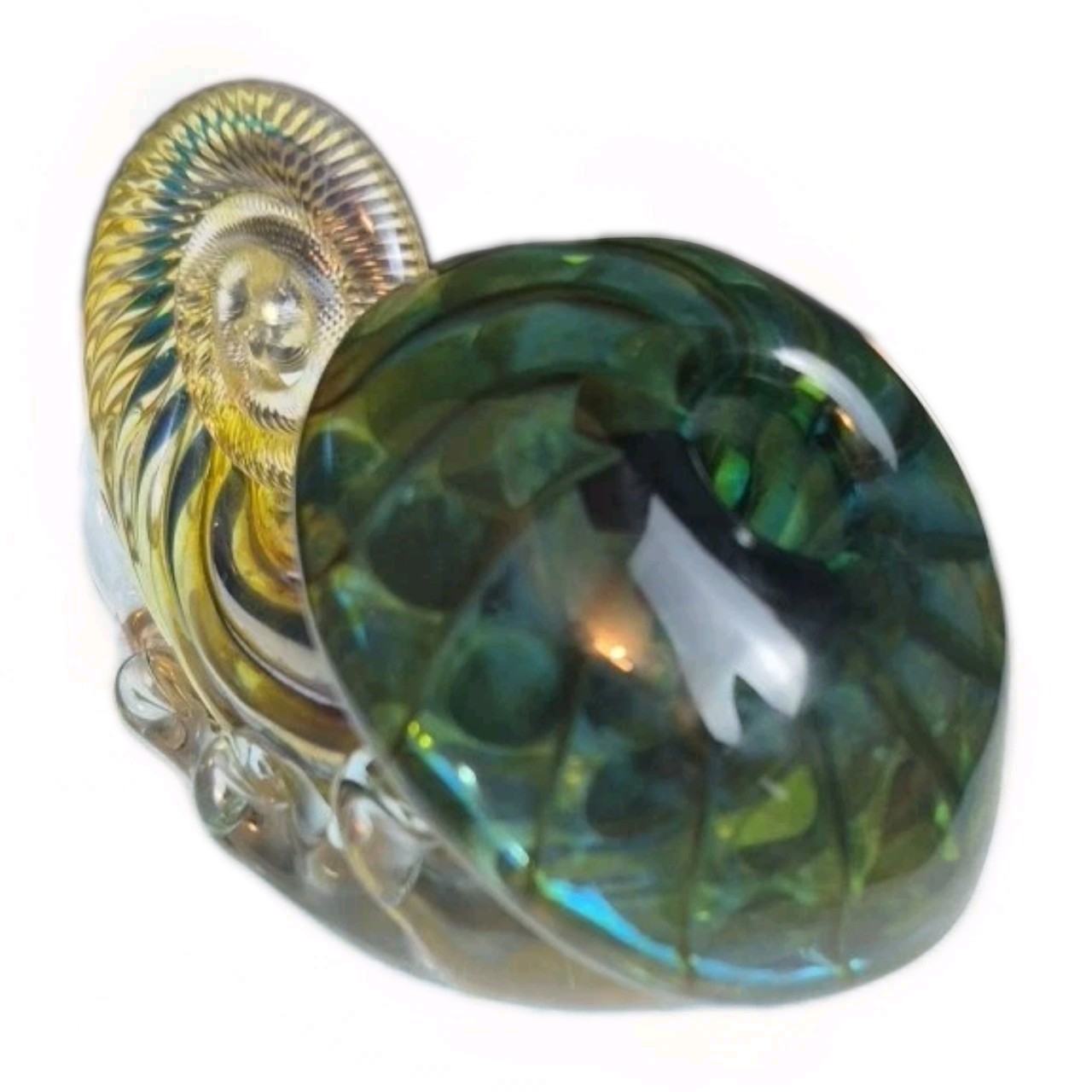 Artist Signed Iridescent Art Glass Nautilus Shell Inkwell Seaform Paperweight