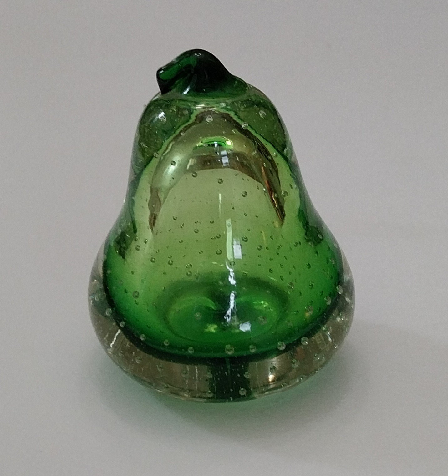 Vintage Pear Paperweight, Bubbles, Hand Blown, Green, 3-3/8″ Tall