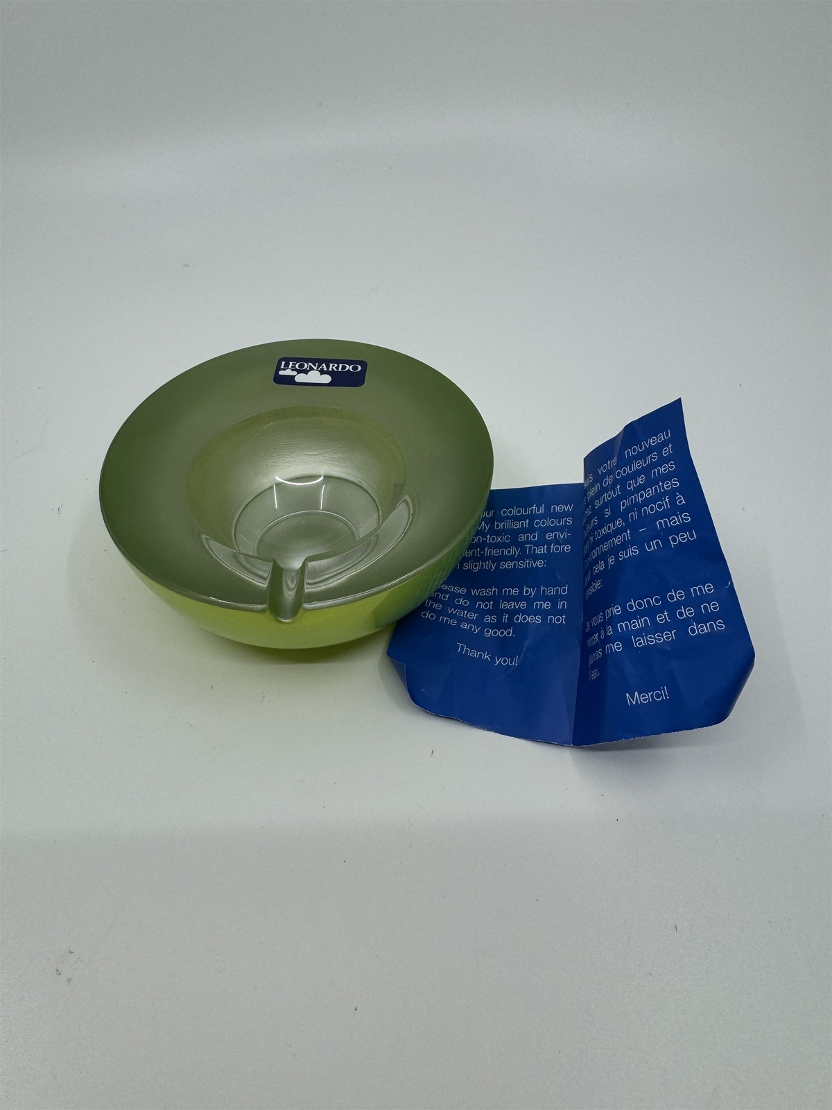 Mid Century Modem Leonardo Germany Art Glass Ashtray /w Stickers GREEN Vibrant