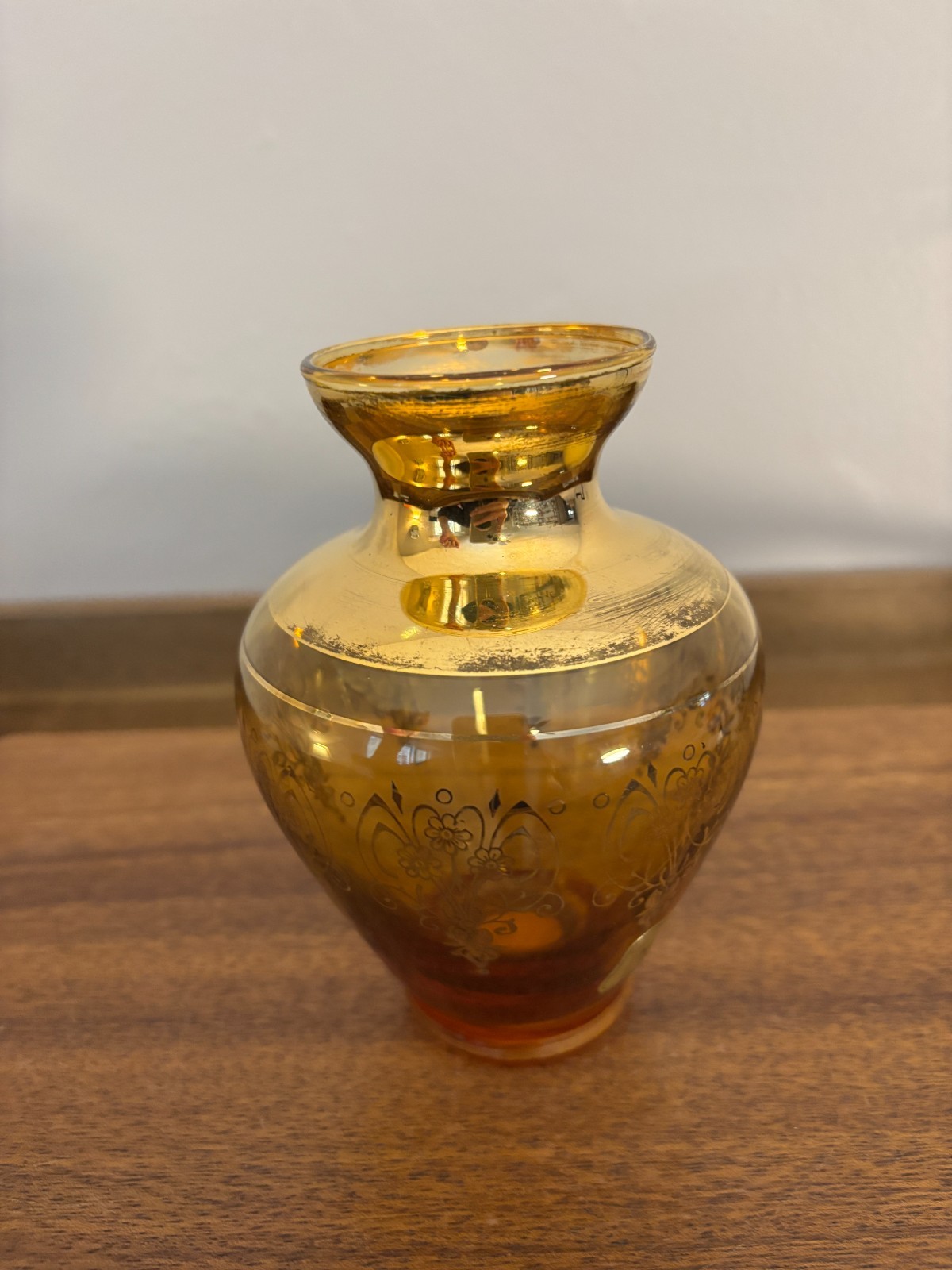Empoli Glass Amber Ruby Red Gold Accent Decorated in Murano Small Vases Set of 2