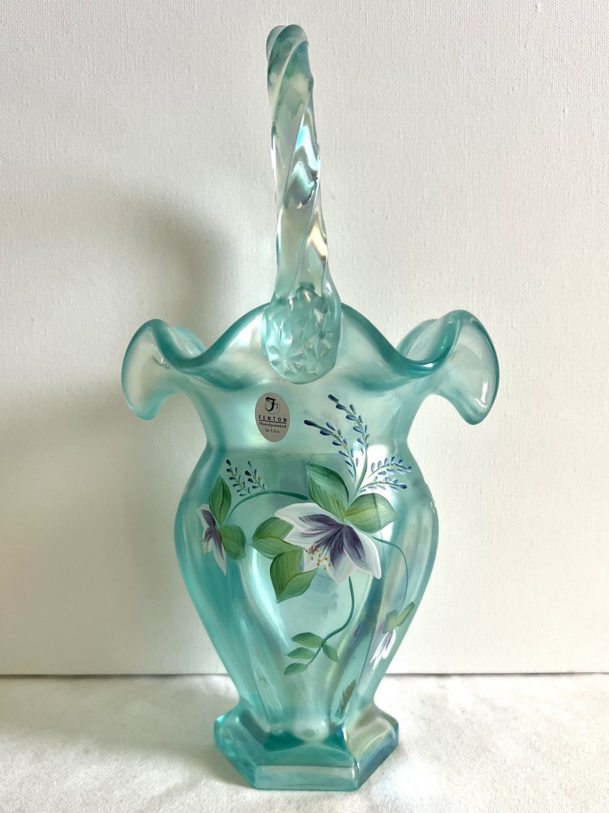 HTF Fenton 11″ Handpainted Aquamarine Stretch Glass Hexagon Basket – T. Neader