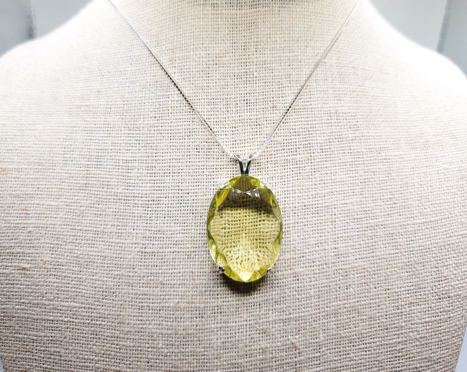 Huge Sterling Uranium Glass Neckl@ce Canary Yellow Pend@nt 925 Silver Vaseline