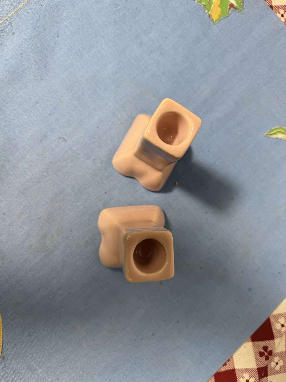 Pair Vintage Mid Century Modern Pink Salmon Art Pottery Candlesticks 4″ Tall