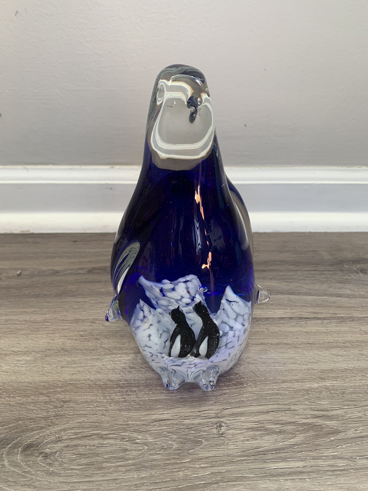 Murano Style Cobalt Art Glass Mother PENGUIN w/ Babies Figurine Paperweight 8”