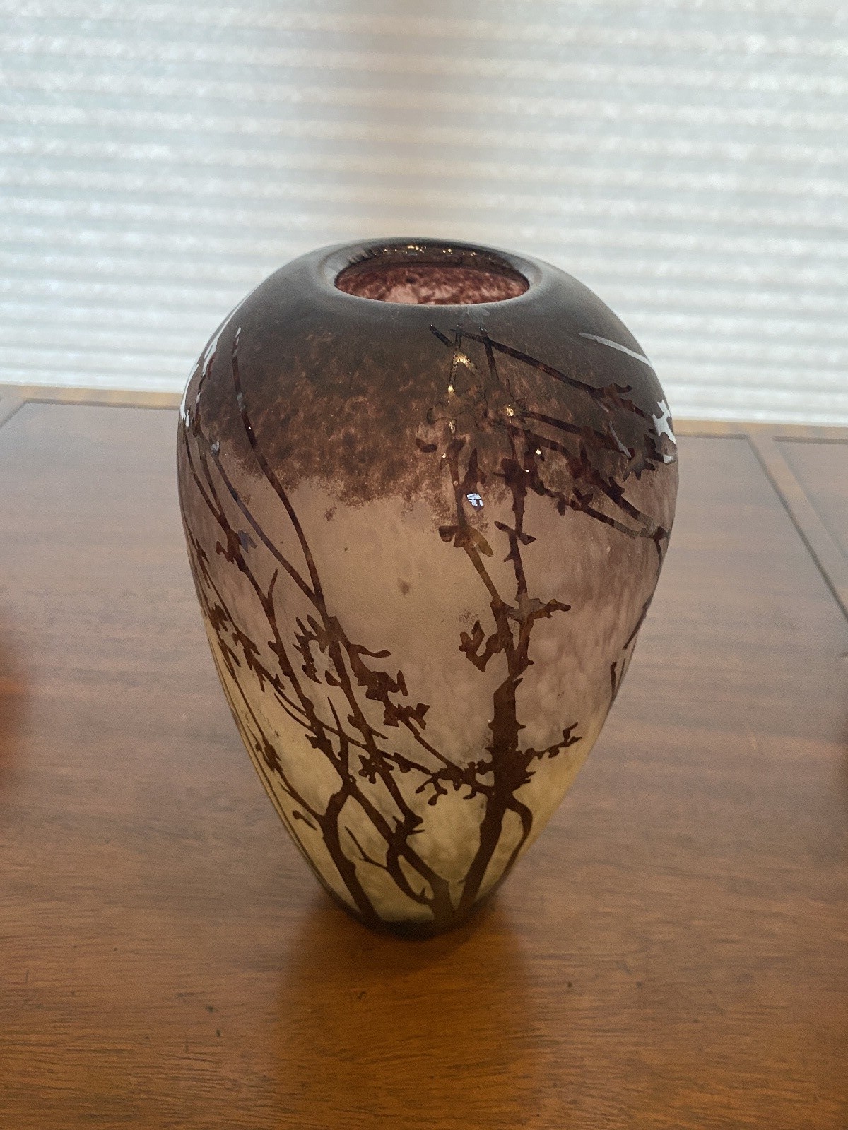 STUNNING VTG Multicolored Acid Etched Tall Trees Cameo Art Glass Vase 11.25″H