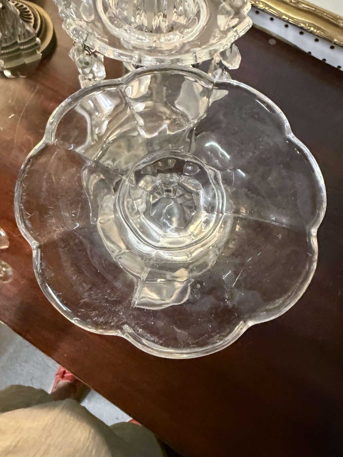 VTG. Ornate 1930’s Crystal Candle Sticks W/ Prisms Possible Heisey No Mark