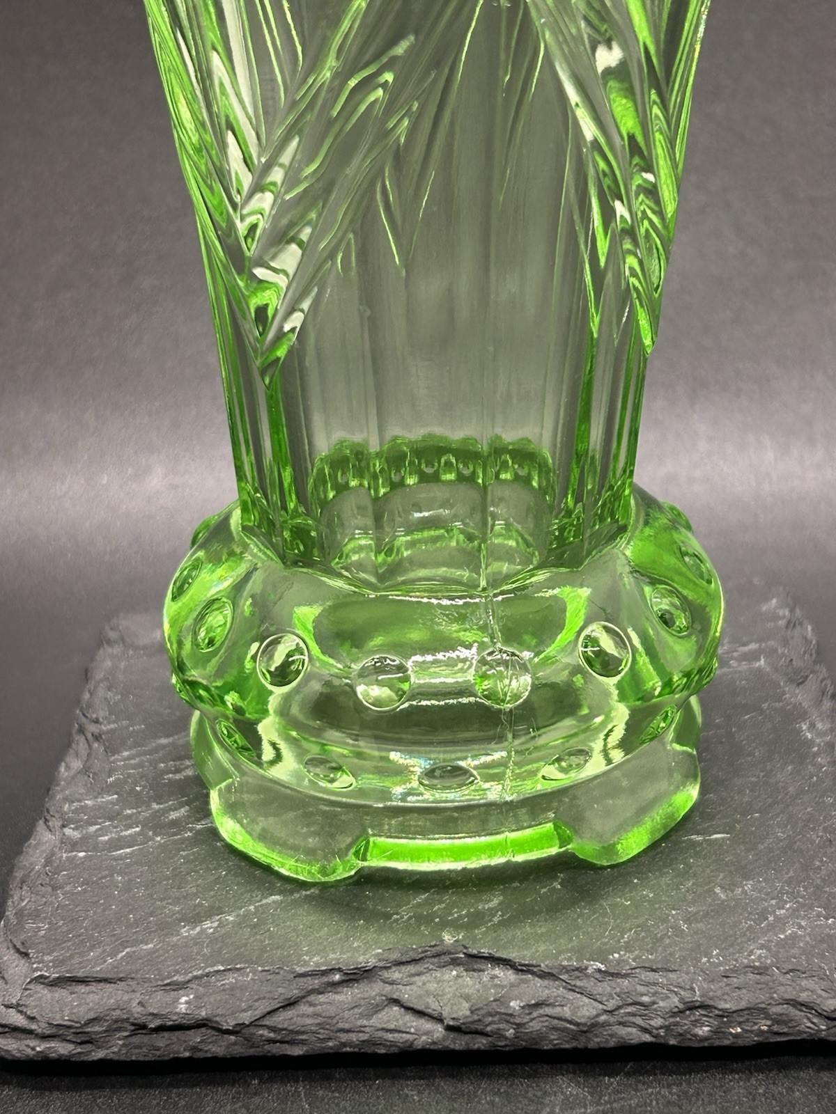 Green Art Deco Uranium Glass Czech Vase Hobnail Chevron Pattern 6 Vintage Decor