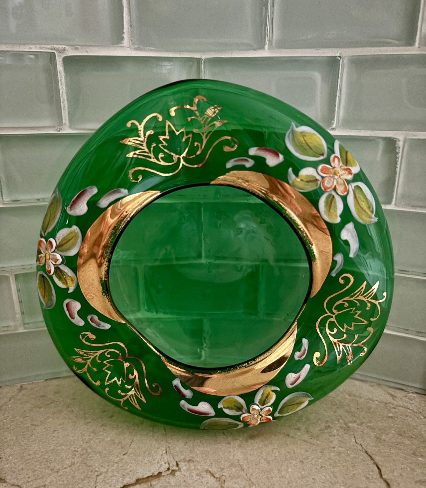 Vtg Hand Painted Emerald Green Bohemian Art Glass Czech Ashtray Flowers 22k Gold