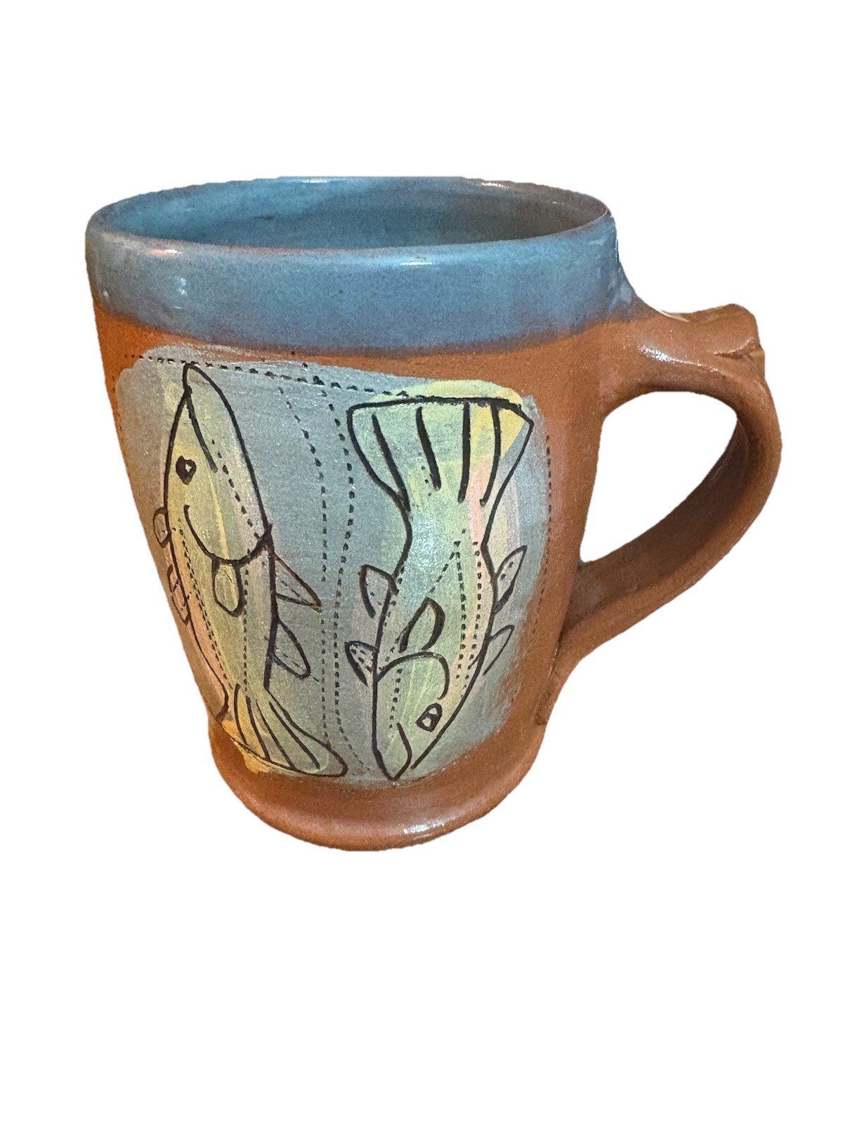 Signed Studio PotteryMug Sgraffito fish design hand thrown redware boho folk art