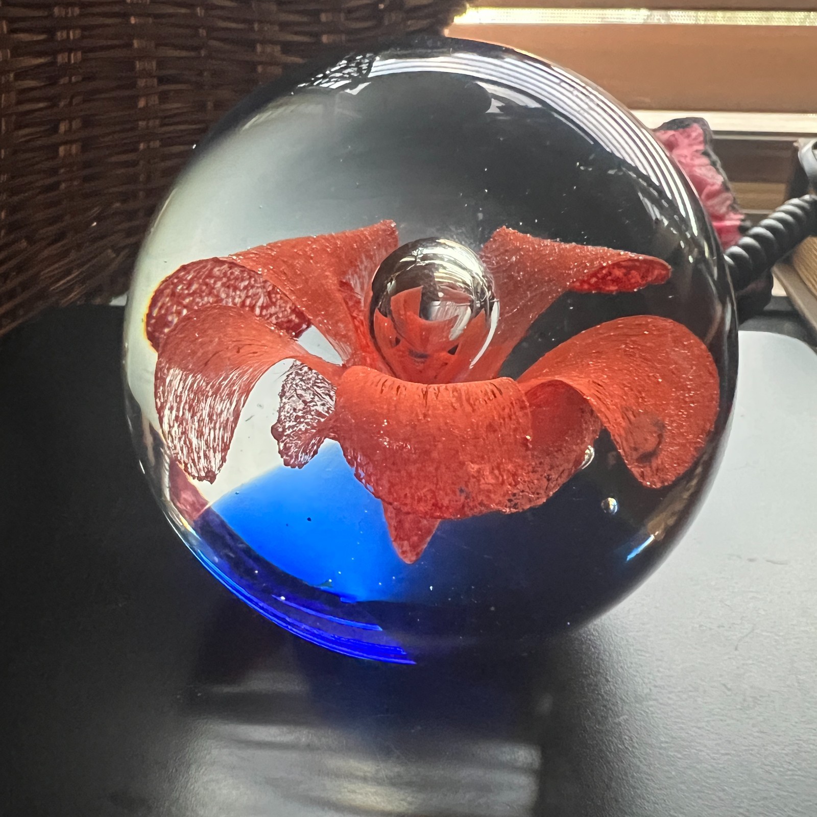 Vintage Art Glass Paperweight Red Flower Cobalt Blue Clear Orb Decor