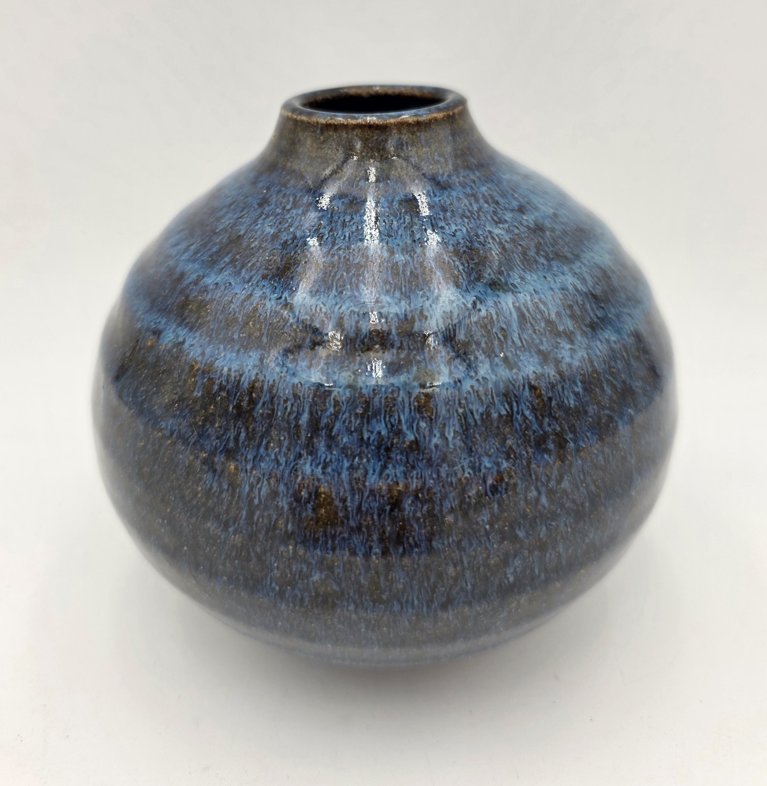 Studio Pottery Bud Vase Weed Pot Signed Blue Drip Art Ceramic Vessel VTG 4in