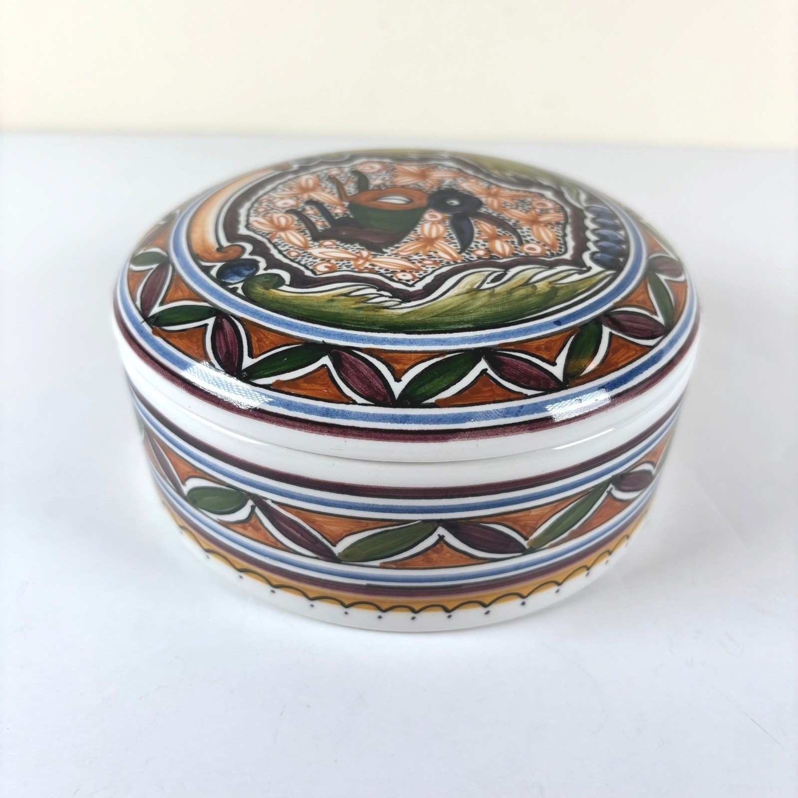 VTG Real Ceramica Hand Painted Lidded Trinket Box Rabbit Design Coimbra Portugal