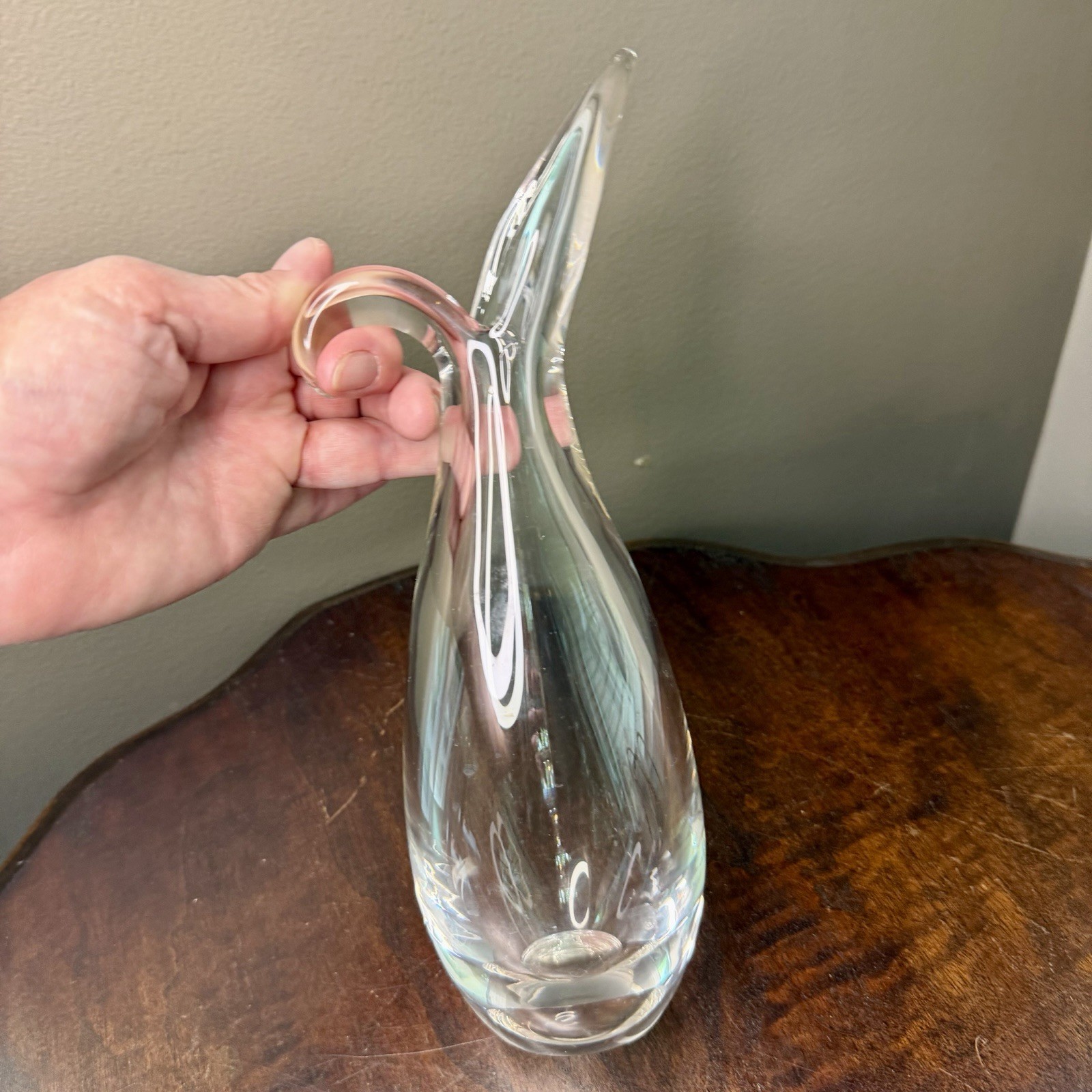 Vintage MCM Steuben Signed Clear Art Glass Sheard Rim Pitcher Plant Vase 9.75In