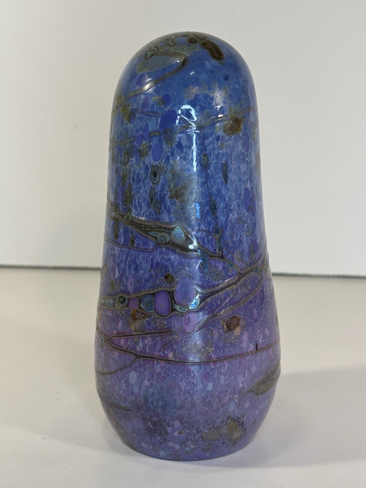 Handblown Glass Paperweight SIGNED Iridescent Blue & Purple 5.5” Tall
