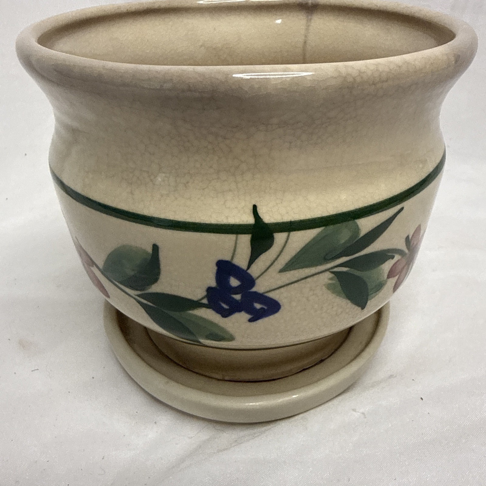 VTG Stoneware Design 105 USA Pottery Planter Hand Painted Blue Pink Cottage 5”