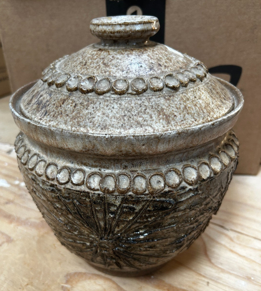 Studio lidded pot 1970’s signed – about 9 inches tall