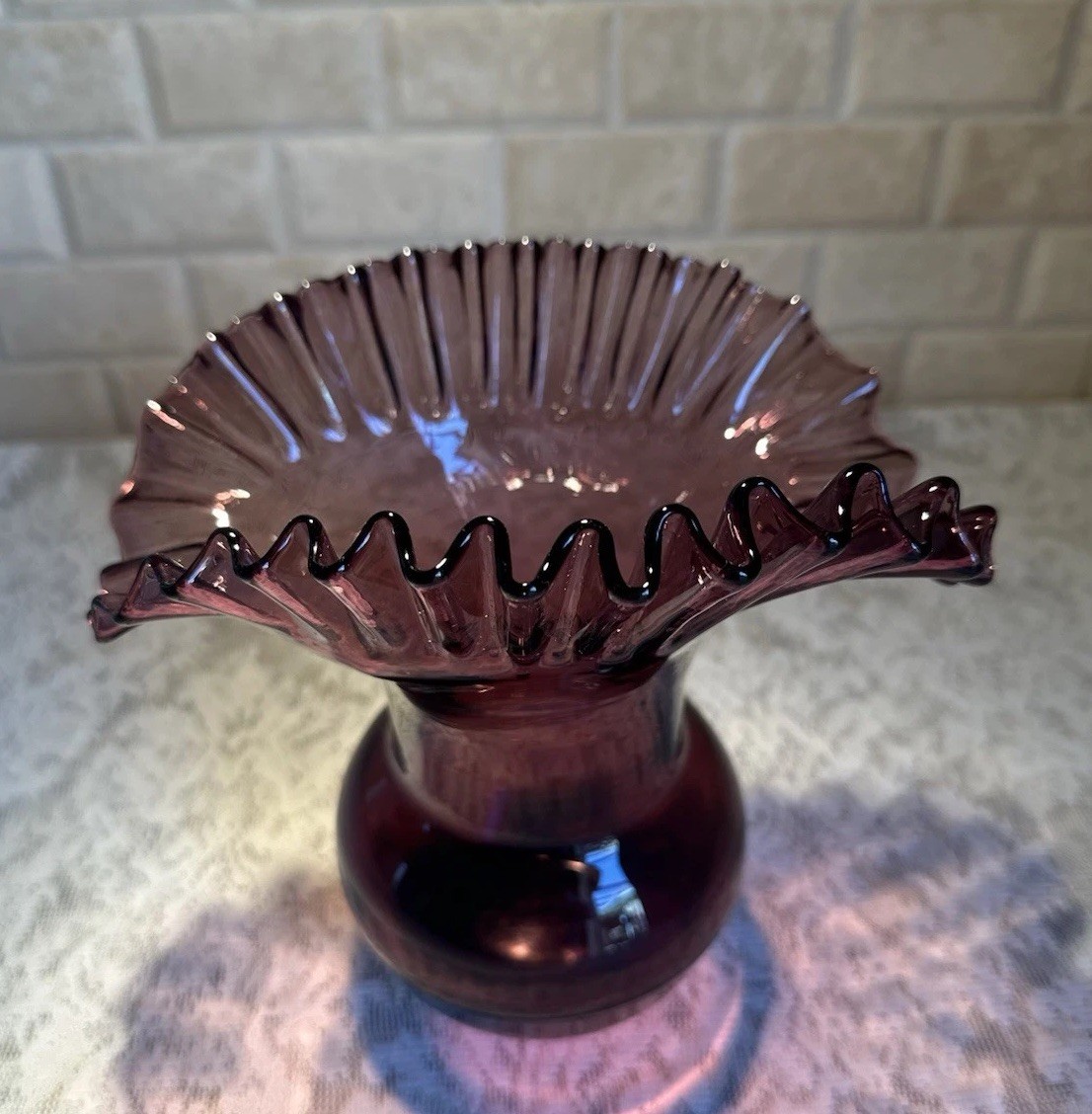 Blenko #390 Purple Amethyst Glass Vase, Mid-Century Crimped Rim Hand Blown 7.75”