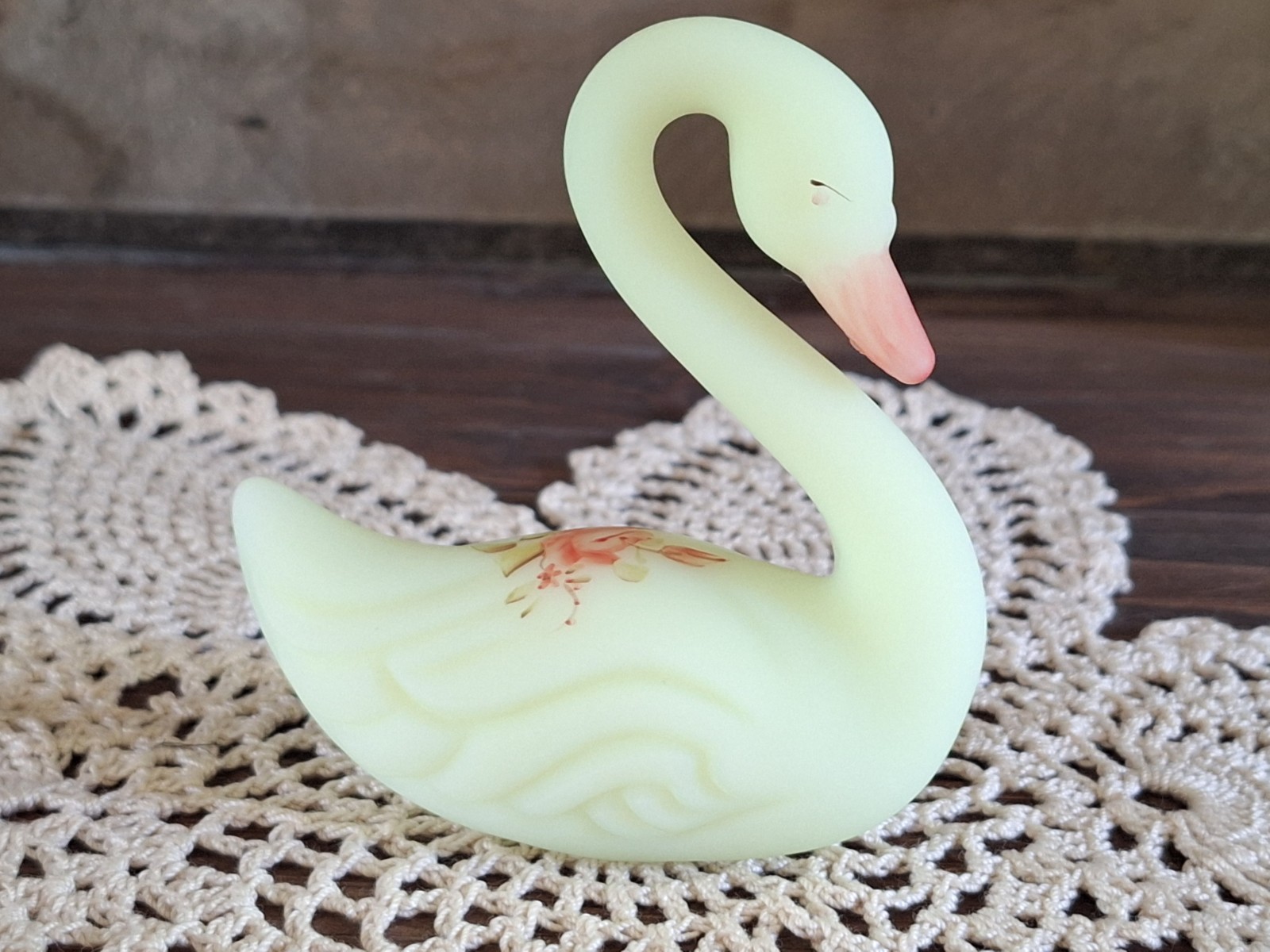 Fenton Roses On Custard Swan Uranium Glass UV Reactive Hand Painted Signed