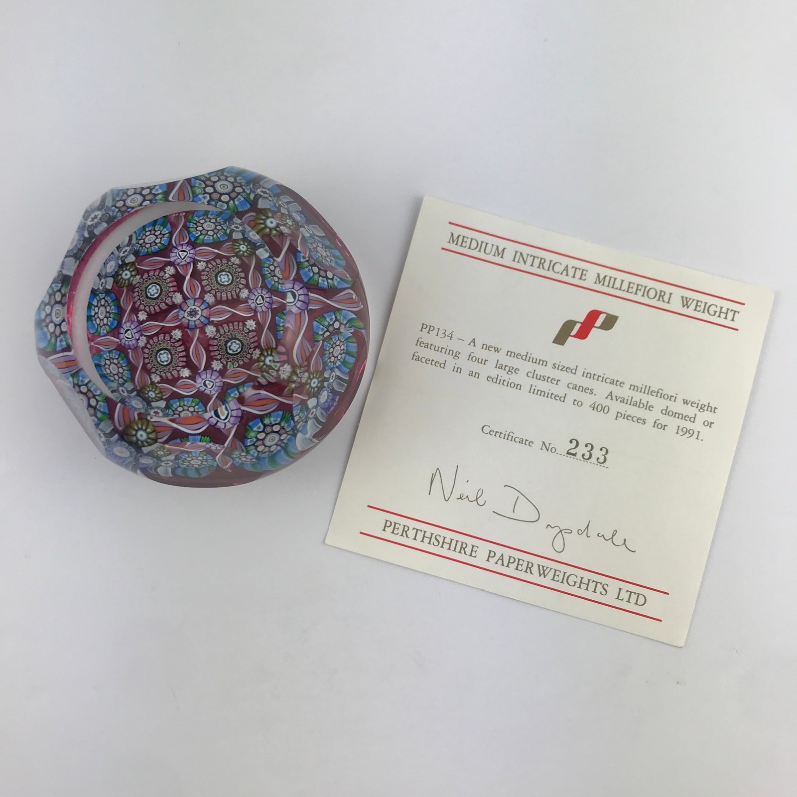 Perthshire PP134A 1991 Intricate Millefiori Square Twist Faceted Paperweight COA