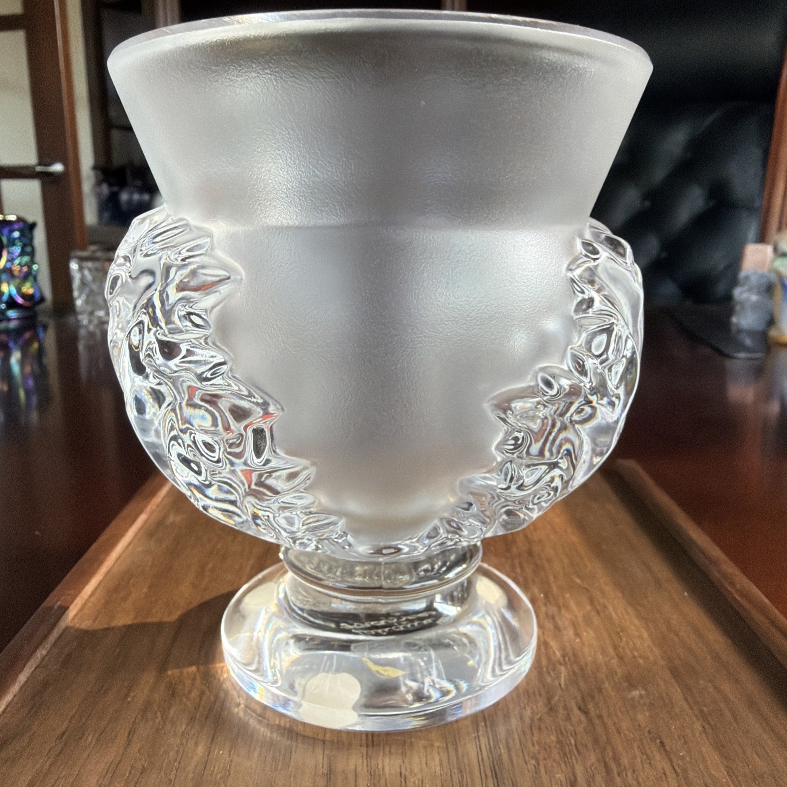 Authentic Lalique Saint-Cloud frosted/clear crystal vase Model #12229 Signed MCM