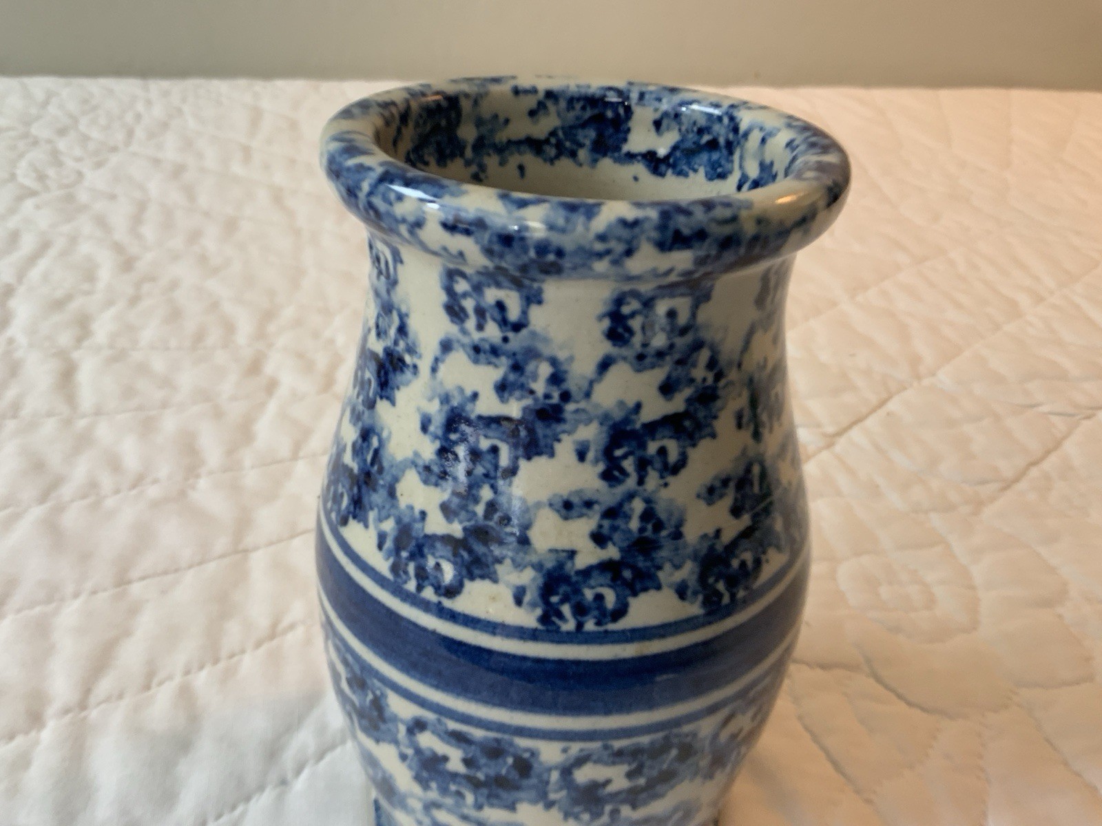 Vintage Pottery Vase, Salt Glaze Spongeware, 1991, Blue & White, 6 3/8” Tall