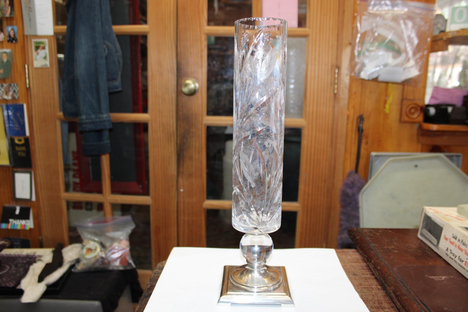 ANTIQUE 1910-19 STEUBEN HAWKES SIGNED CRYSTAL VASE W/ STERLING BASE #S1459 16″ T