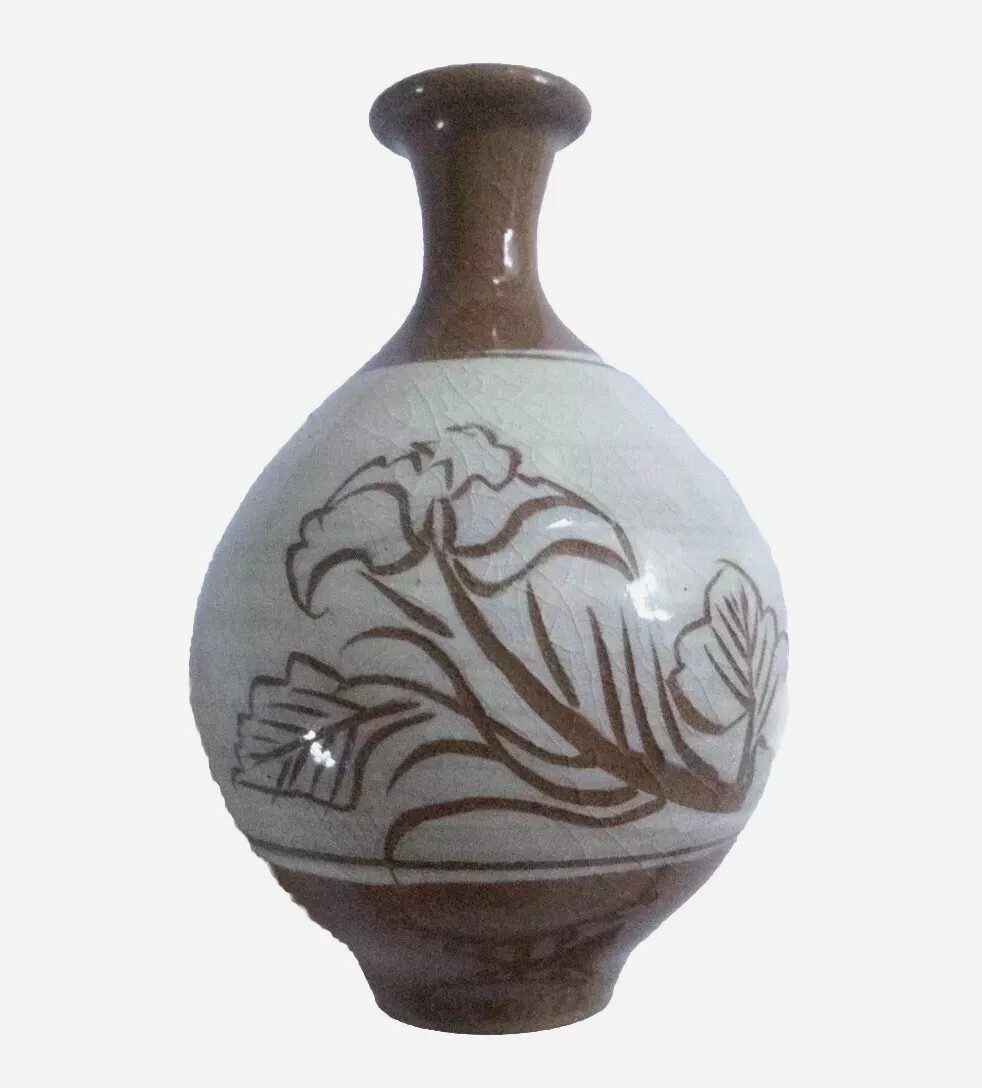 Bun-Cheong Vase Brown Porcelain Miniature Bud Painted Clay Stoneware Korean Art