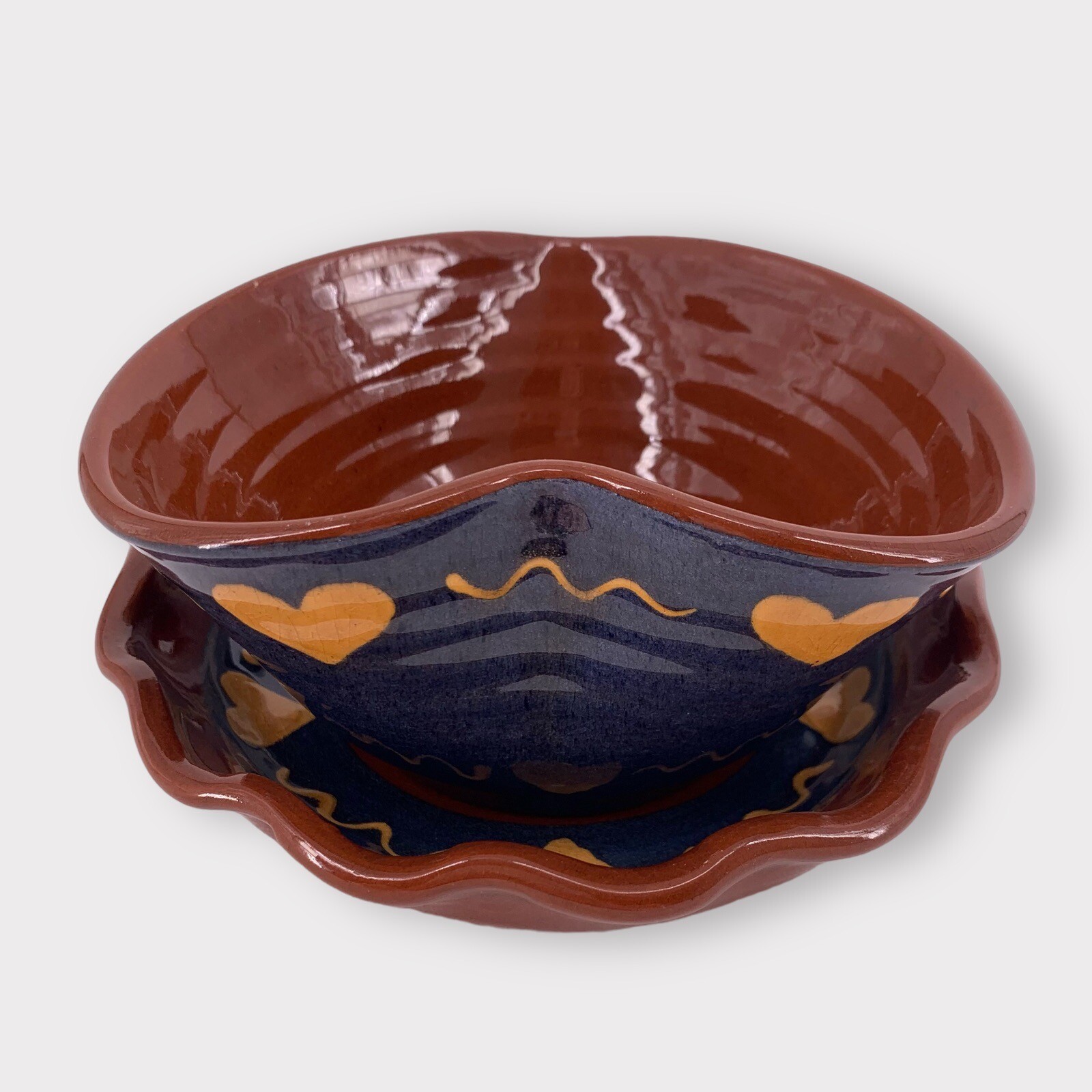 VTG 1986 Turtle Creek Pottery Redware Blue & Red Hearts Bowl and Dish Greg Neal