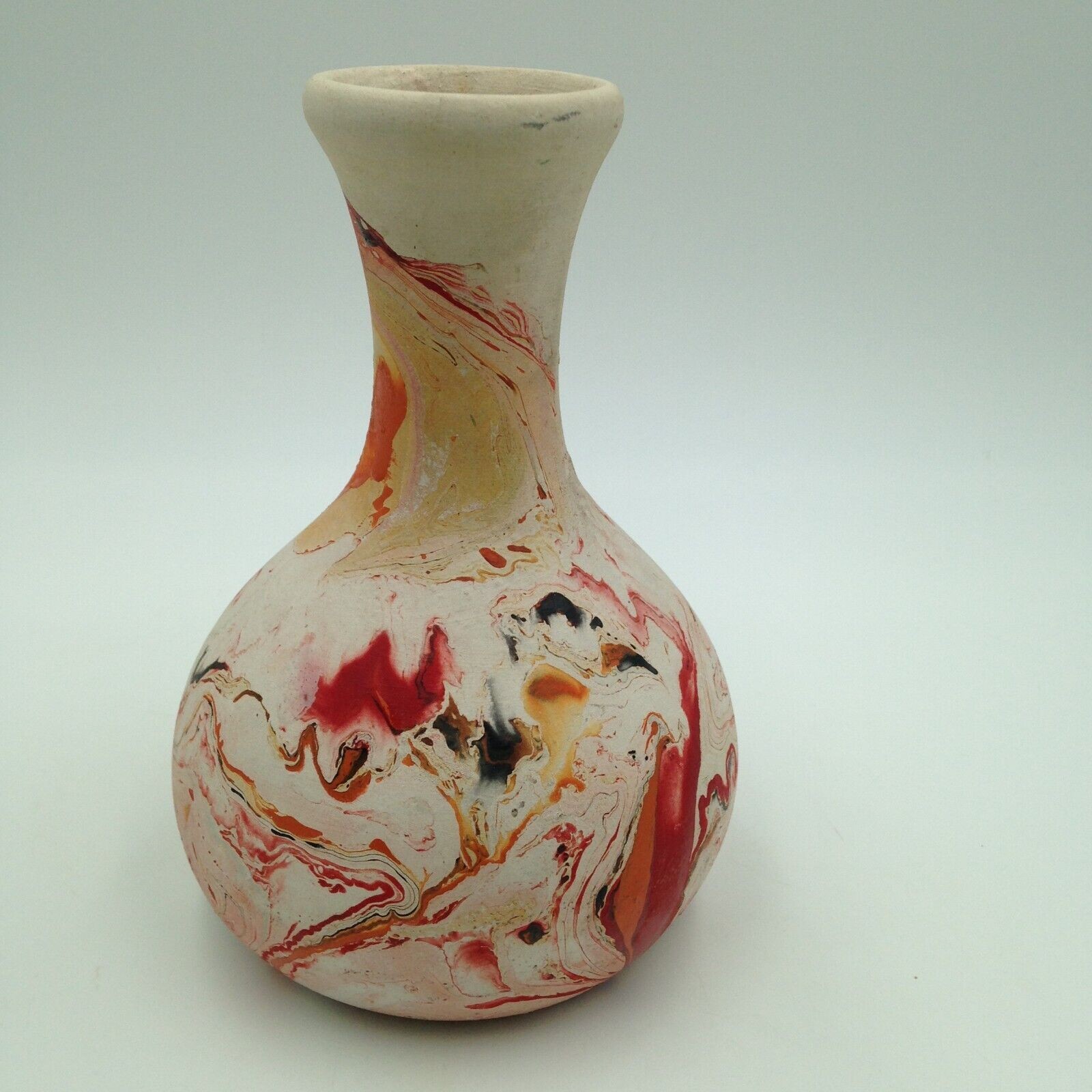 Nemadji Hand Made Red Black and Orange Swirl Vase Pottery 6.5 Inch Vintage