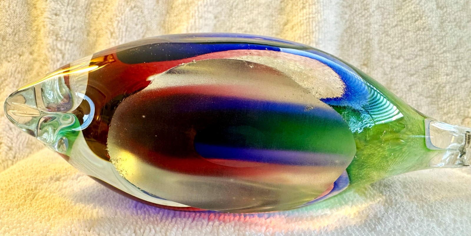 Vintage Hand Blown Sommerso Glass Murano Style Fish, Red Blue Green, 7.5″ x 3.5″