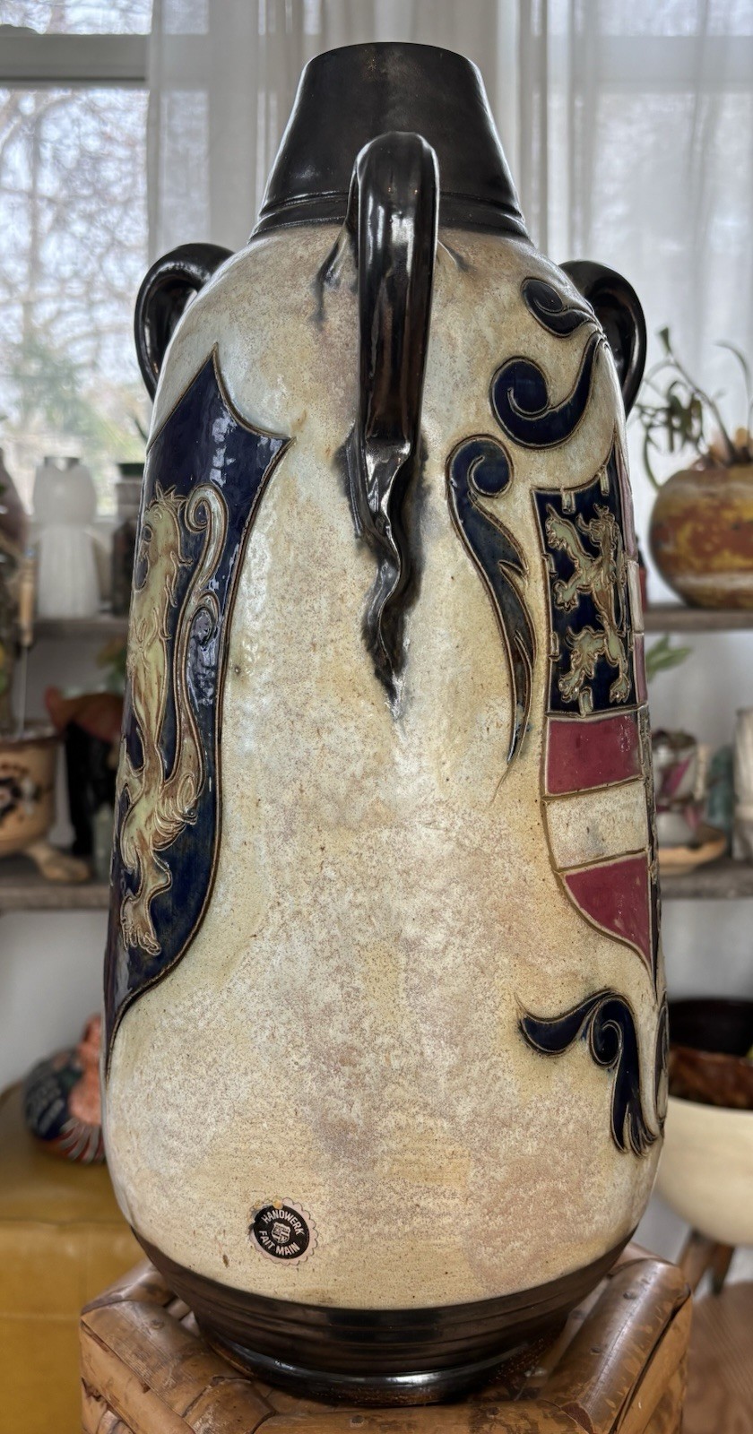 Roger Guerin Luxembourg Castle Lion Crest Salt Glaze Stoneware Art Deco Vase EUC