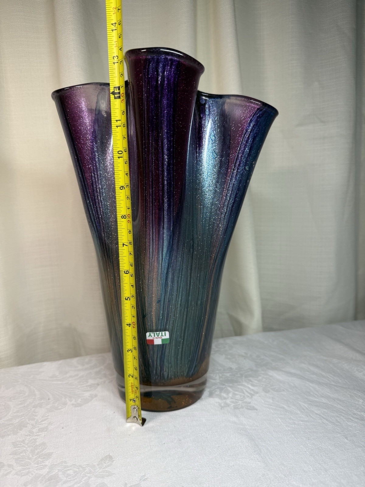 Italian Murano Art Glass Handkerchief Glitter Vase Purple Blue 13 In EUC