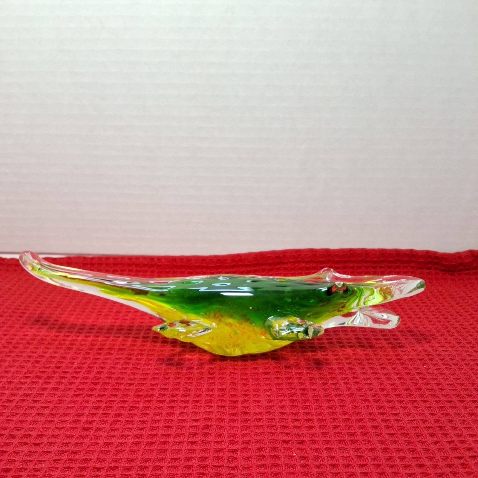 Crocodile Alligator Art Glass Figurine 8″ Long Hand Blown Green, Yellow, & Clear