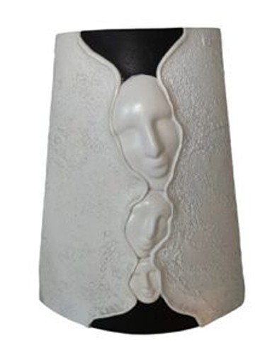 Novak Pottery Abstract Face Vase Studio Art Ceramic White Bisque Black Signed