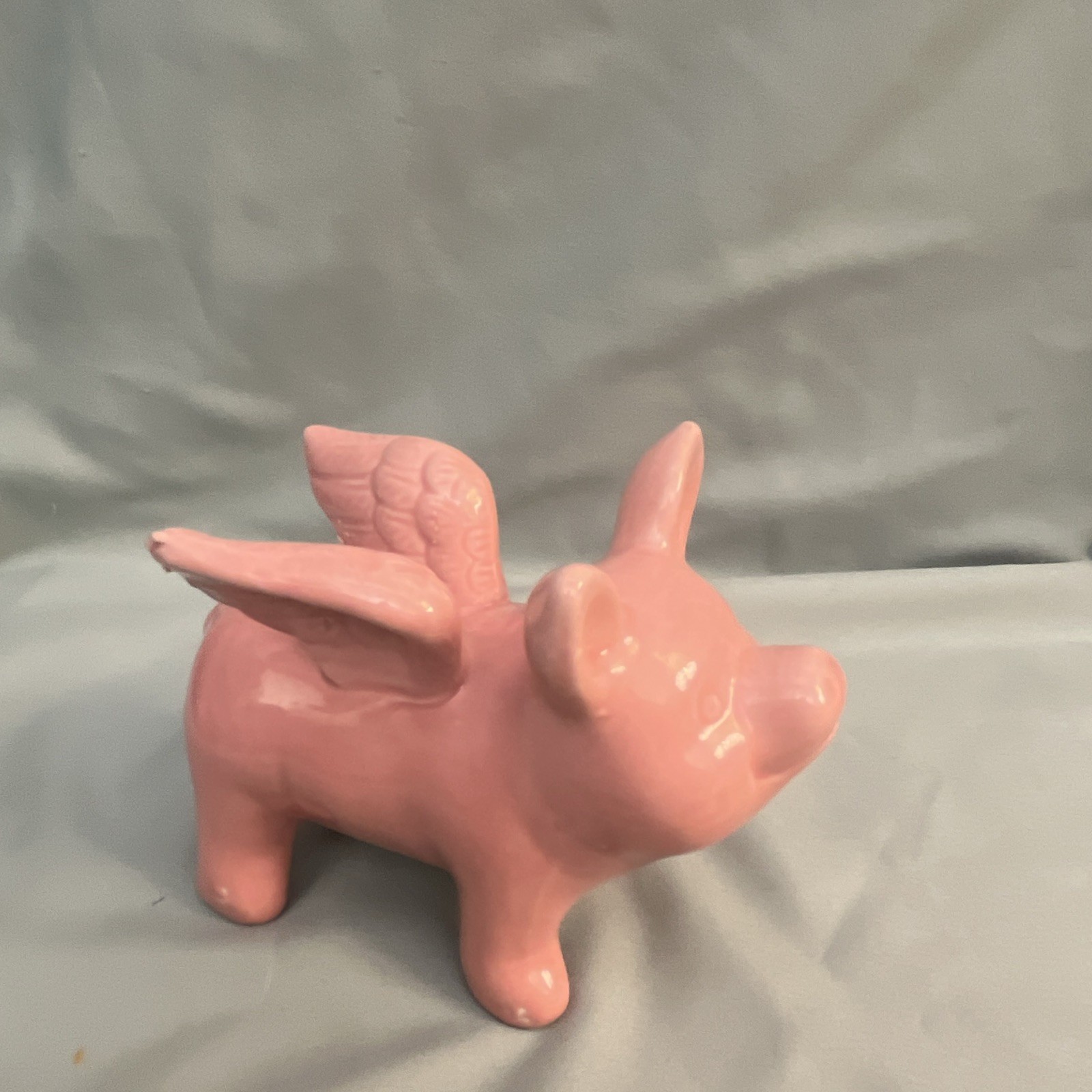 Pink Ceramic Flying Pig Figurine, Glossy Glazed Finish, Animals Theme