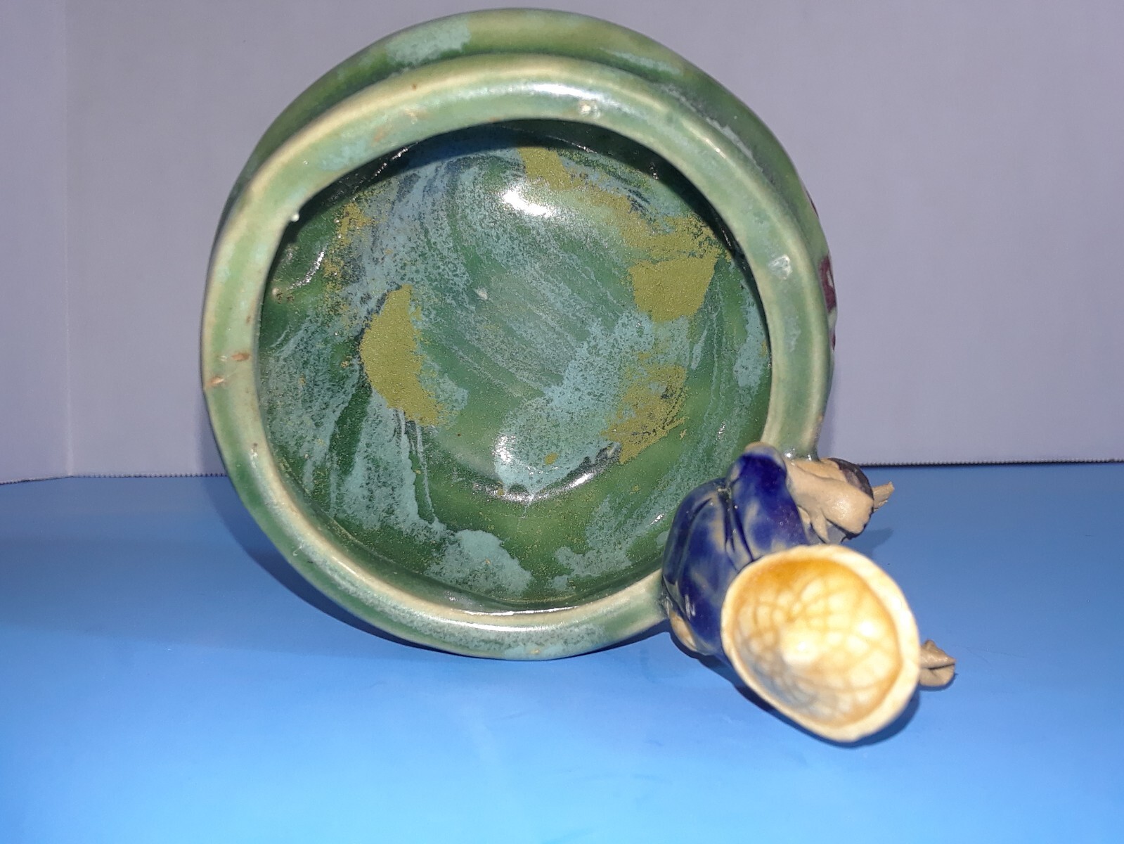 Vintage Chinese Mudman on Side of Round 3.25 in Glazed Pot Trinket Dish