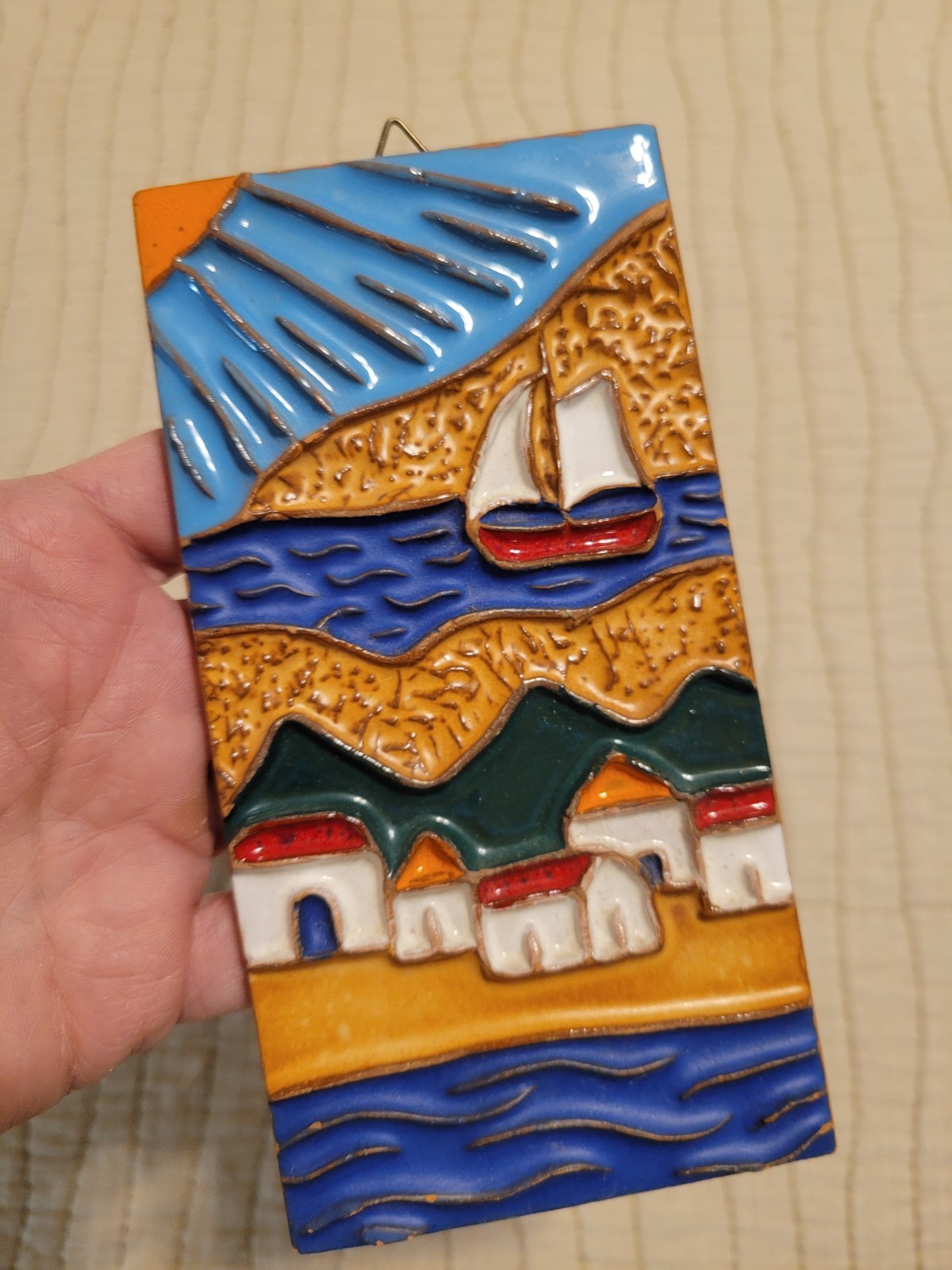 VTG Wall Hanging Tile Greece Seaside Scene Ceramic Handmade 3” x 6″