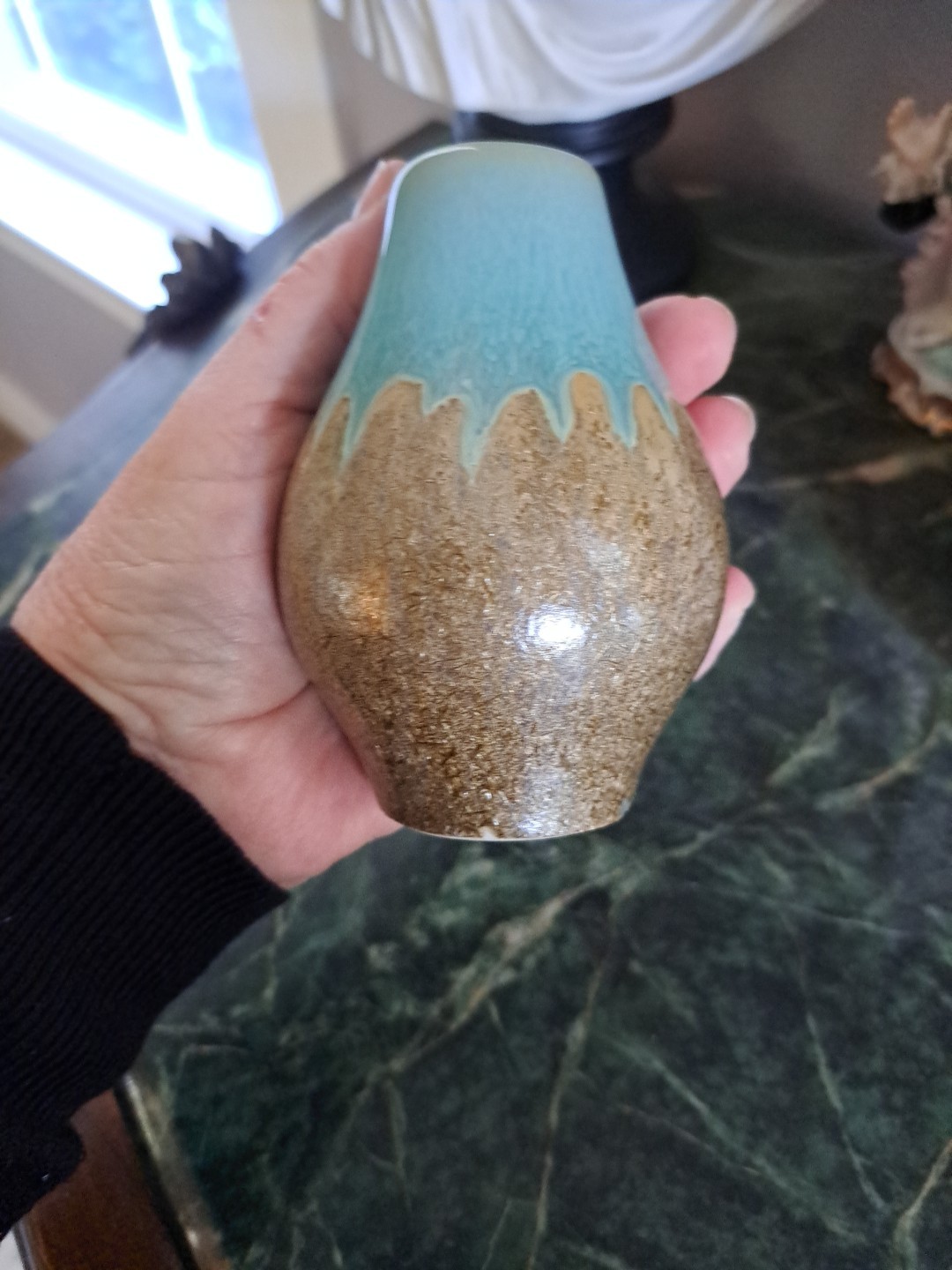 Handmade Art Pottery Small Bud Vase- Aqua Beige Brown 4.5” T x 3″W *New