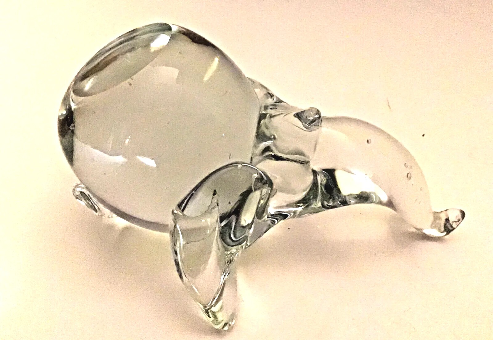 Glass Elephant Trunk Up Figurine Small Paperweight 3.25″ T At Trunk Vintage